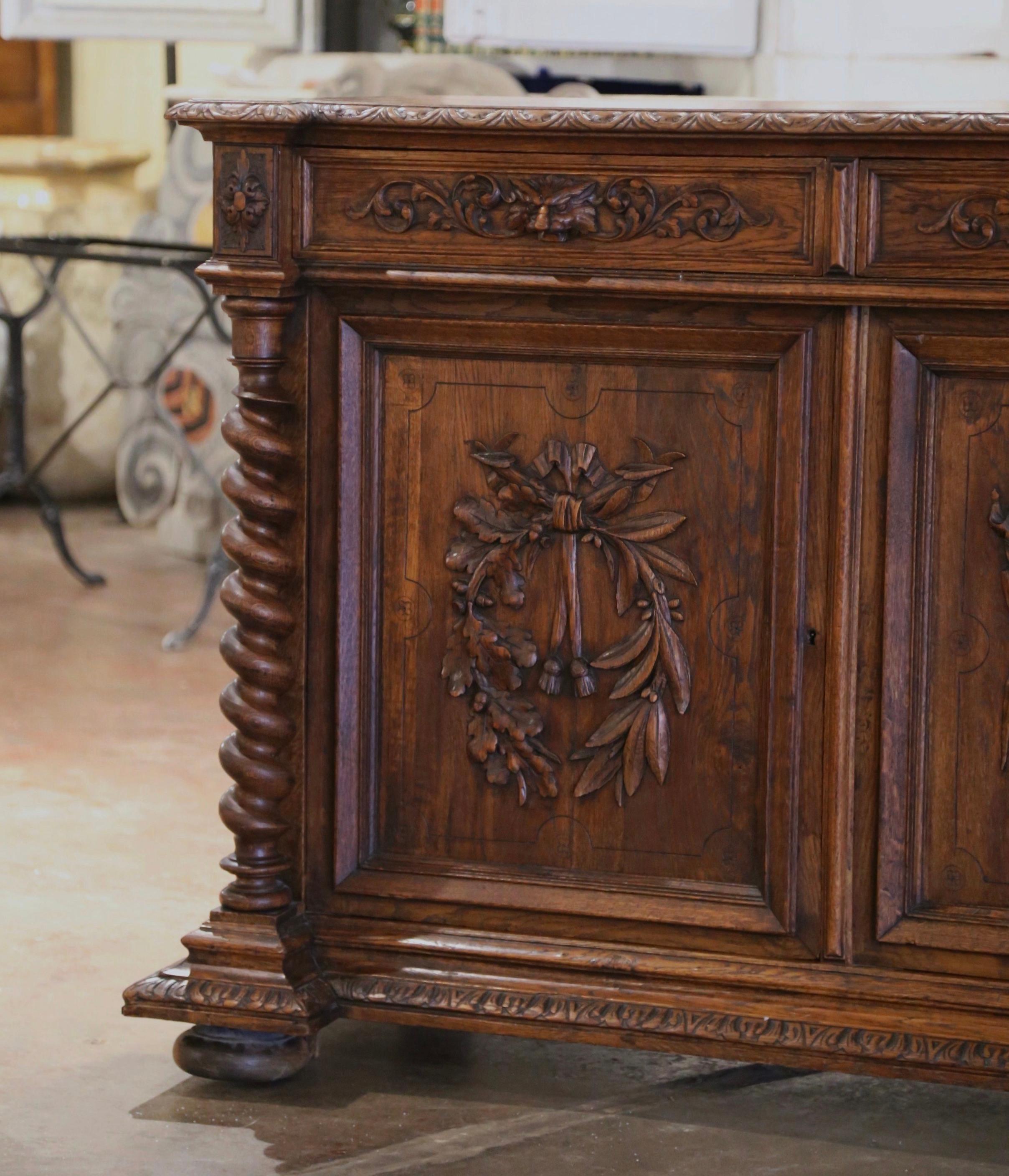 Hand-Carved 19th Century French Black Forest Carved Oak Three-Door Buffet Enfilade