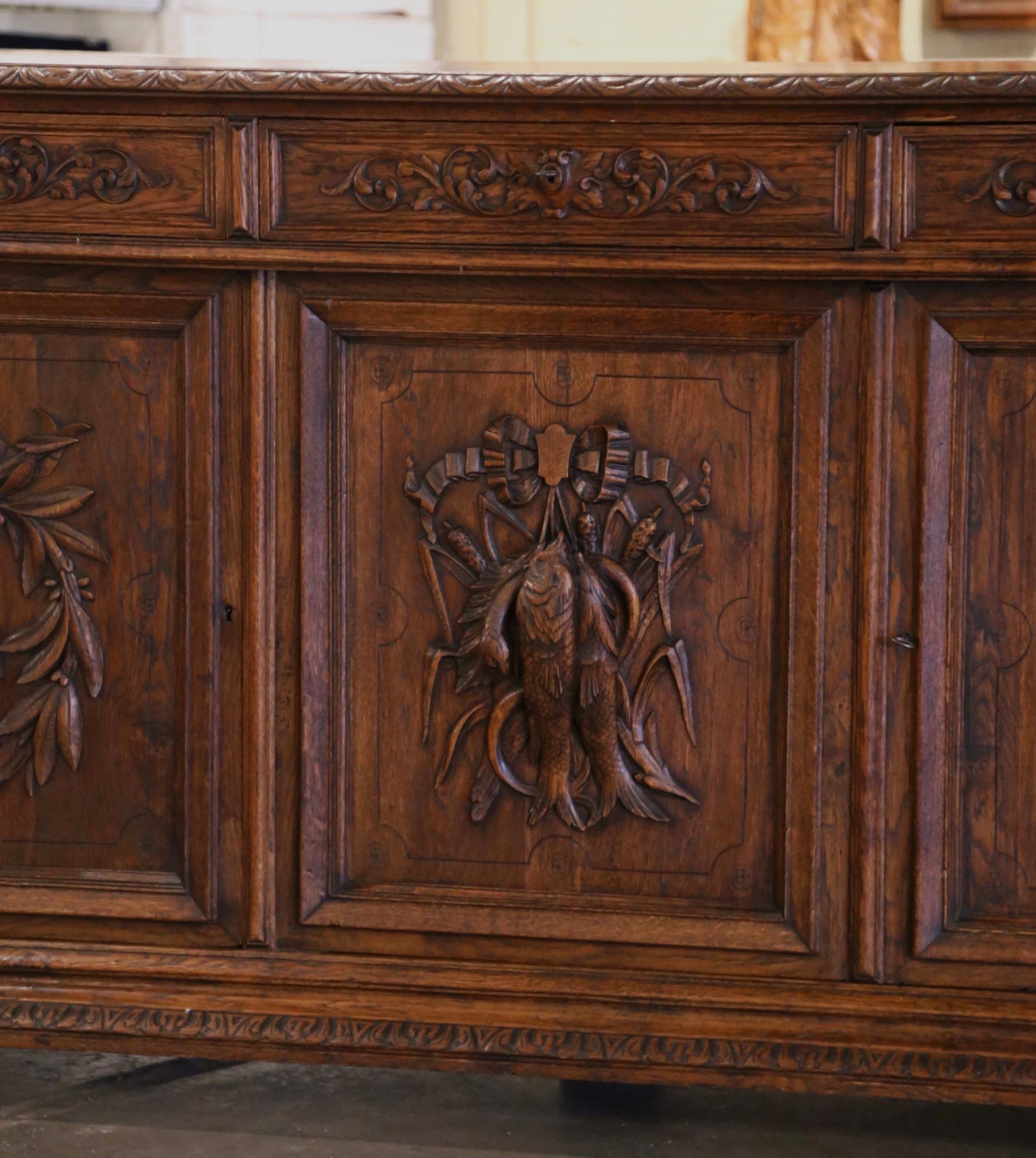 19th Century French Black Forest Carved Oak Three-Door Buffet Enfilade In Excellent Condition In Dallas, TX