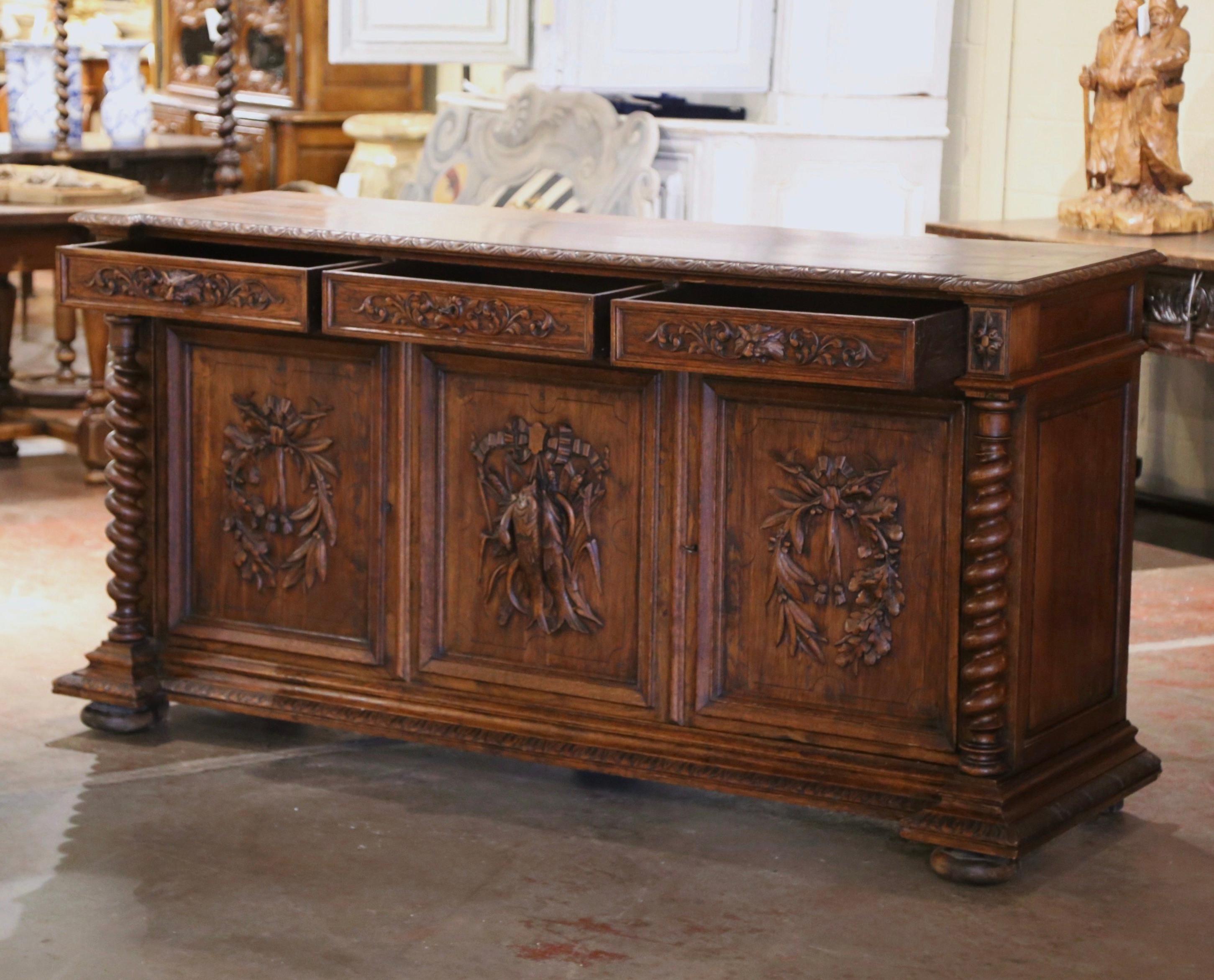 19th Century French Black Forest Carved Oak Three-Door Buffet Enfilade 4