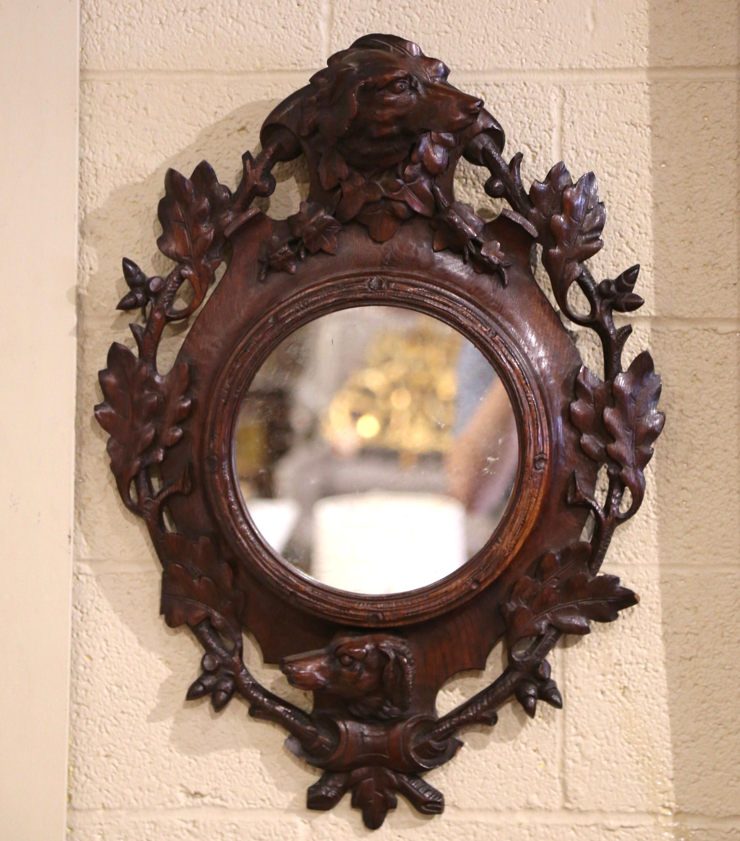 19th Century French Black Forest Carved Oak Wall Mirror with Dog and Leaf Motifs 1