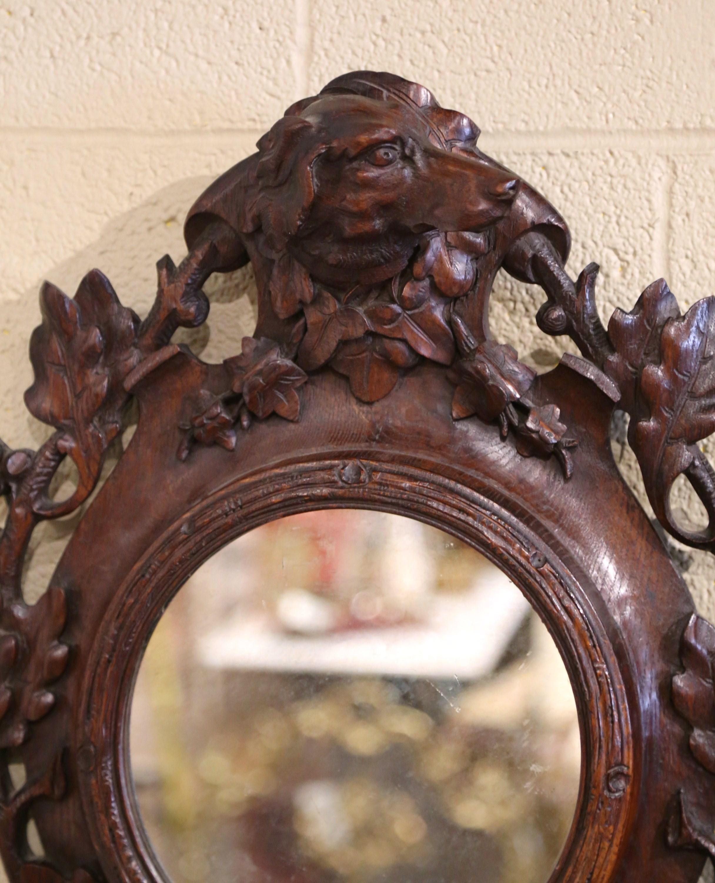 19th Century French Black Forest Carved Oak Wall Mirror with Dog and Leaf Motifs 2