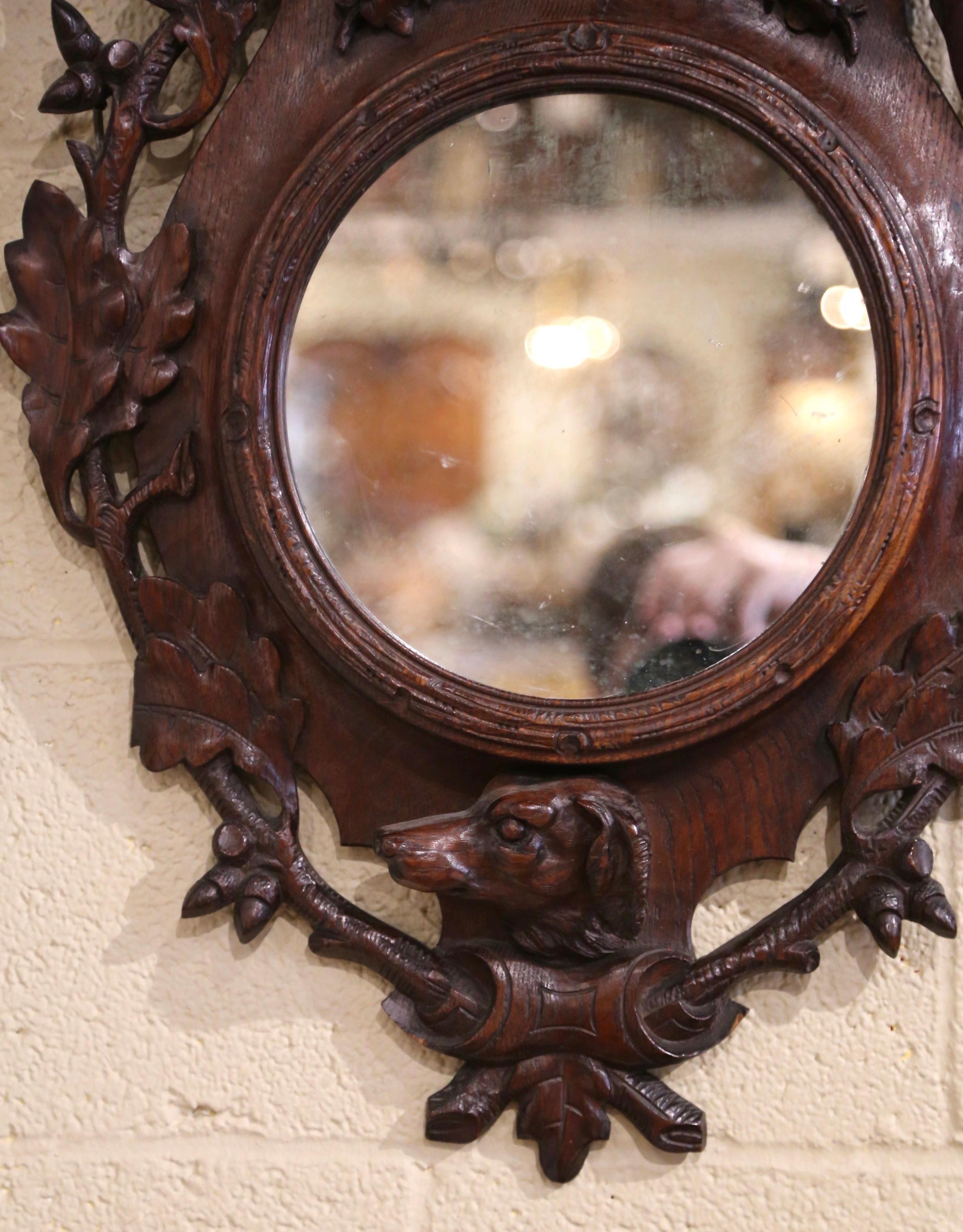19th Century French Black Forest Carved Oak Wall Mirror with Dog and Leaf Motifs 3