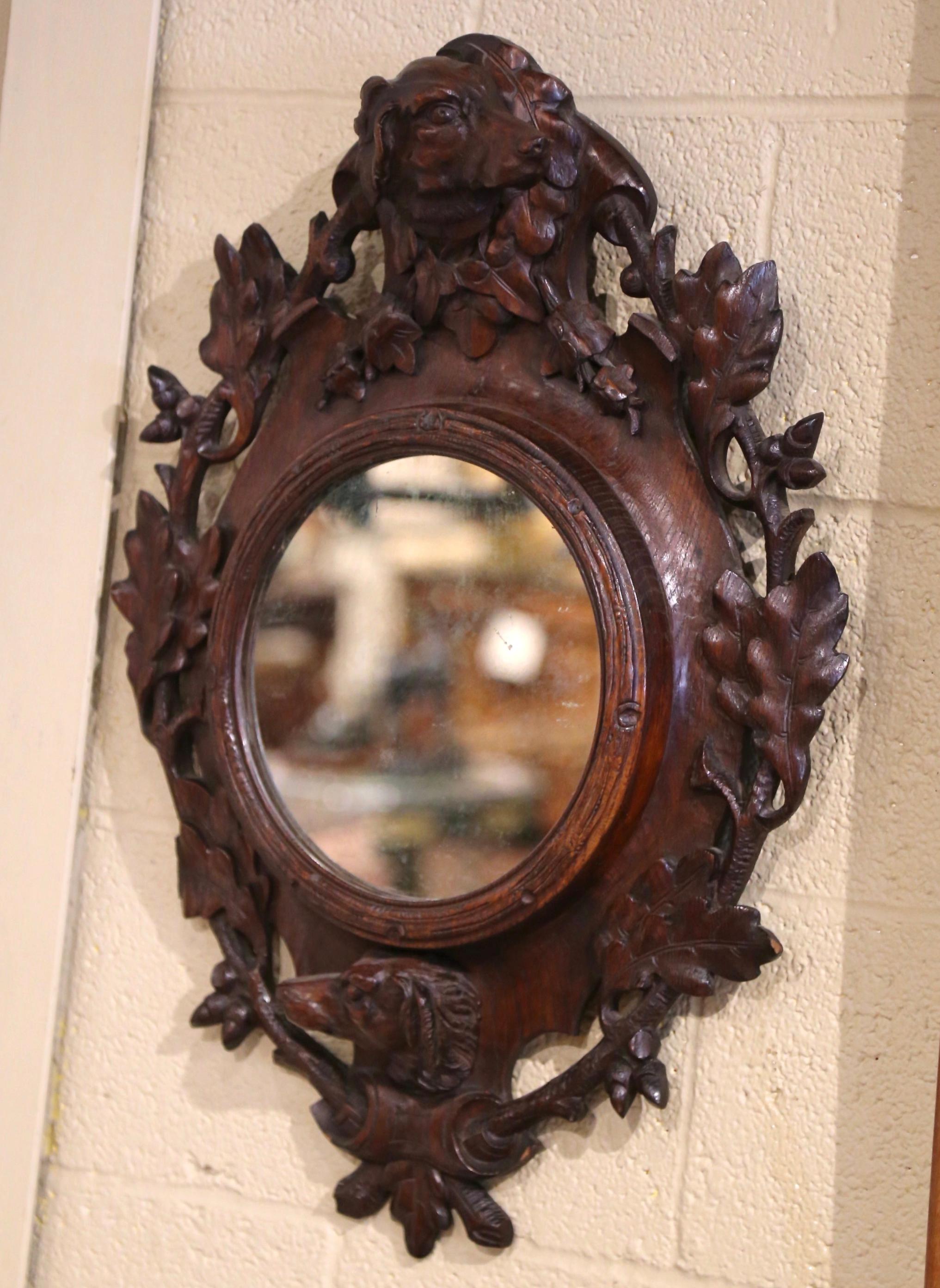 19th Century French Black Forest Carved Oak Wall Mirror with Dog and Leaf Motifs 4