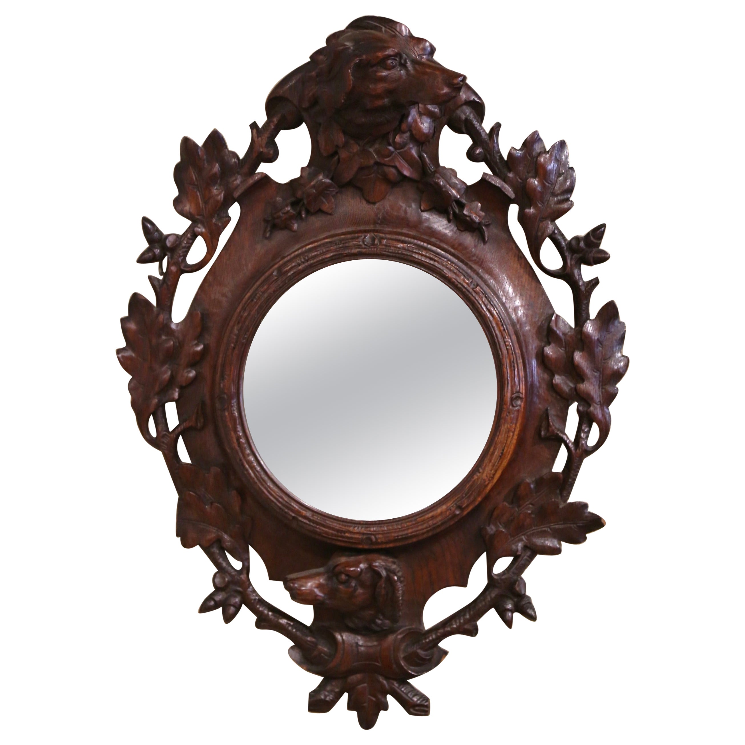 19th Century French Black Forest Carved Oak Wall Mirror with Dog and Leaf Motifs