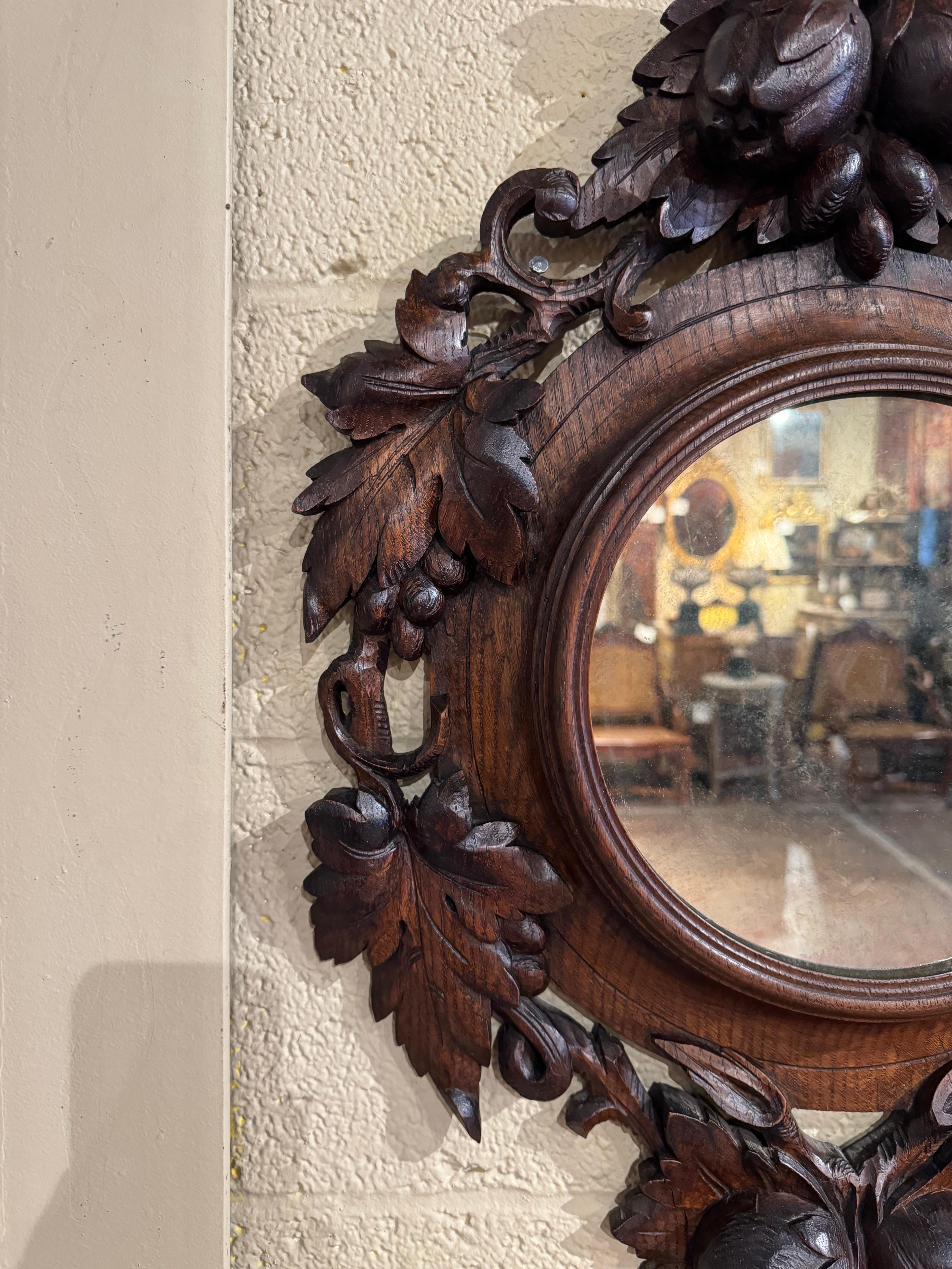 Patinated 19th Century French Black Forest Carved Oak Wall Mirror with Fruit Motifs