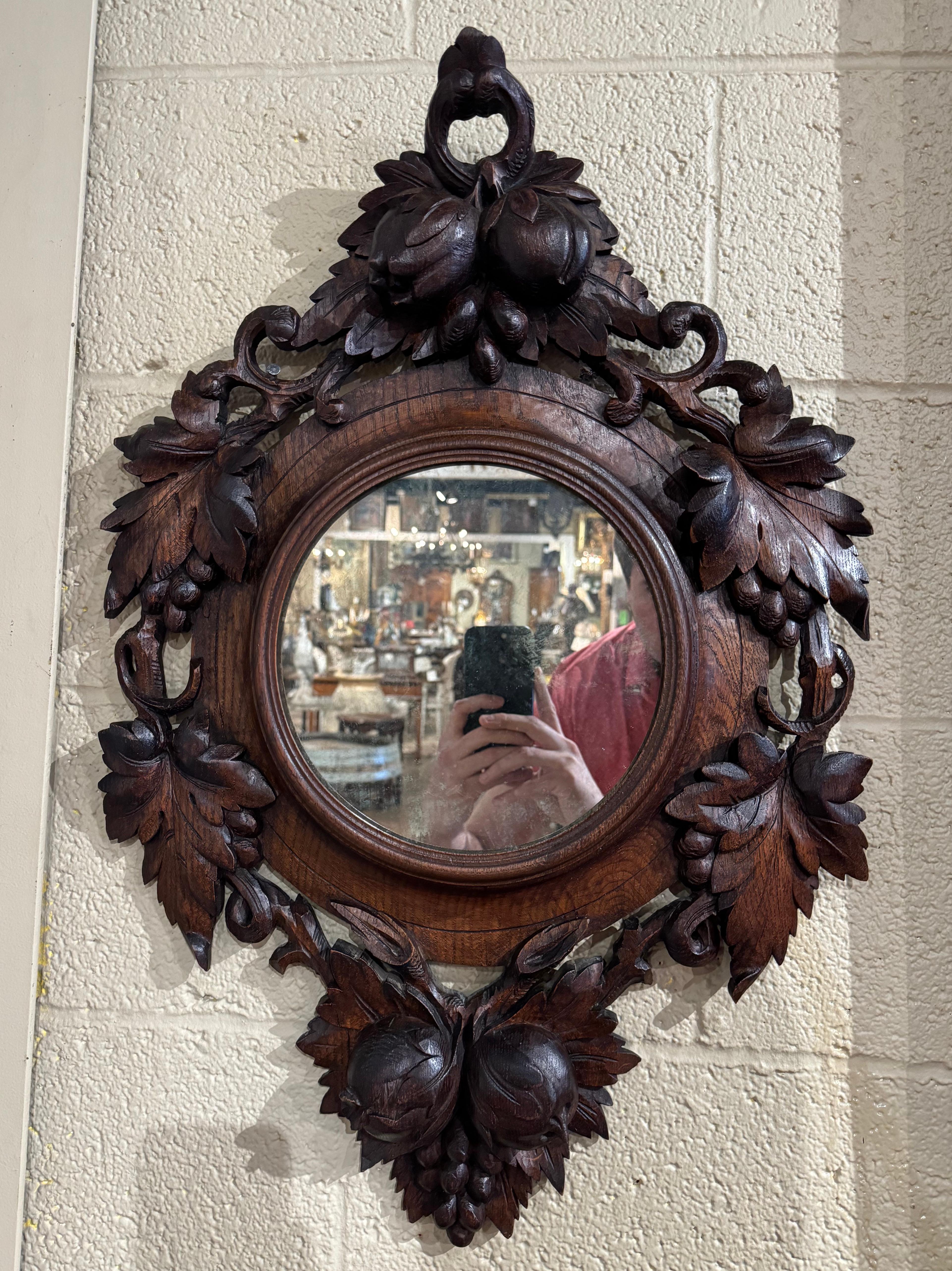 19th Century French Black Forest Carved Oak Wall Mirror with Fruit Motifs In Excellent Condition In Dallas, TX