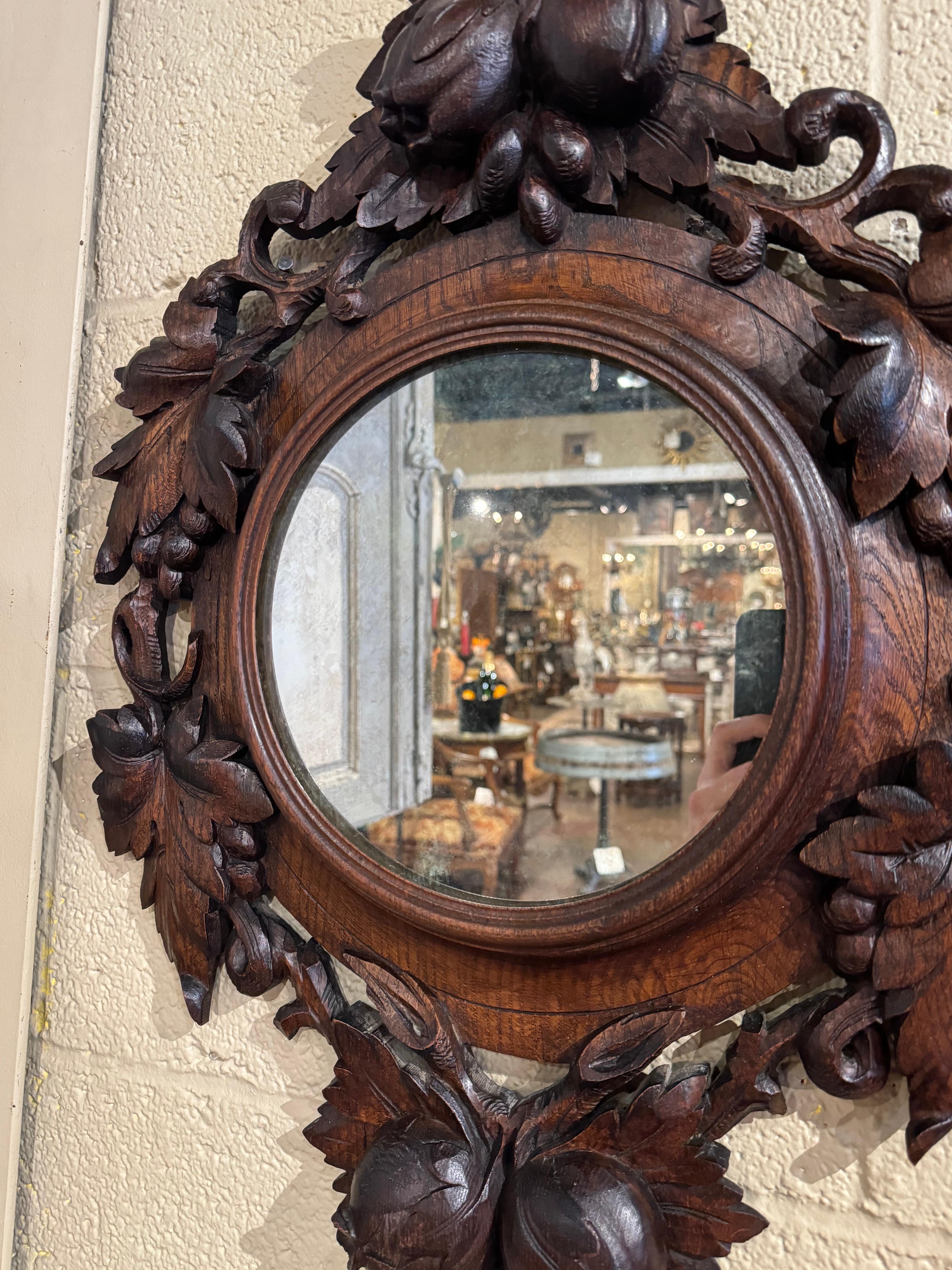 19th Century French Black Forest Carved Oak Wall Mirror with Fruit Motifs 1