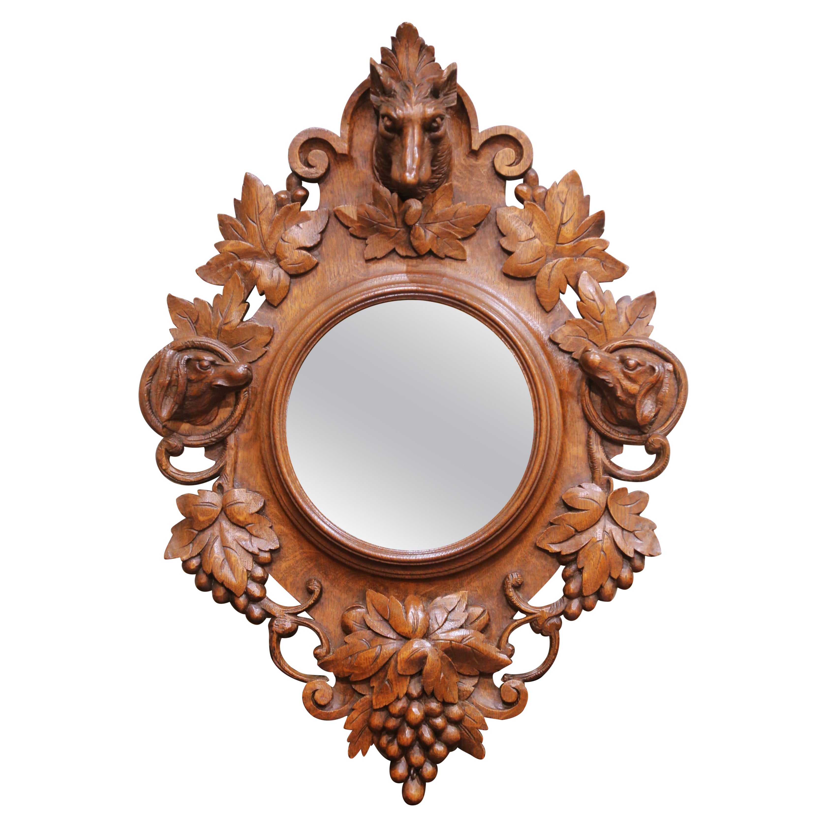 19th Century French Black Forest Carved Oak Wall Mirror with Hunting Motifs