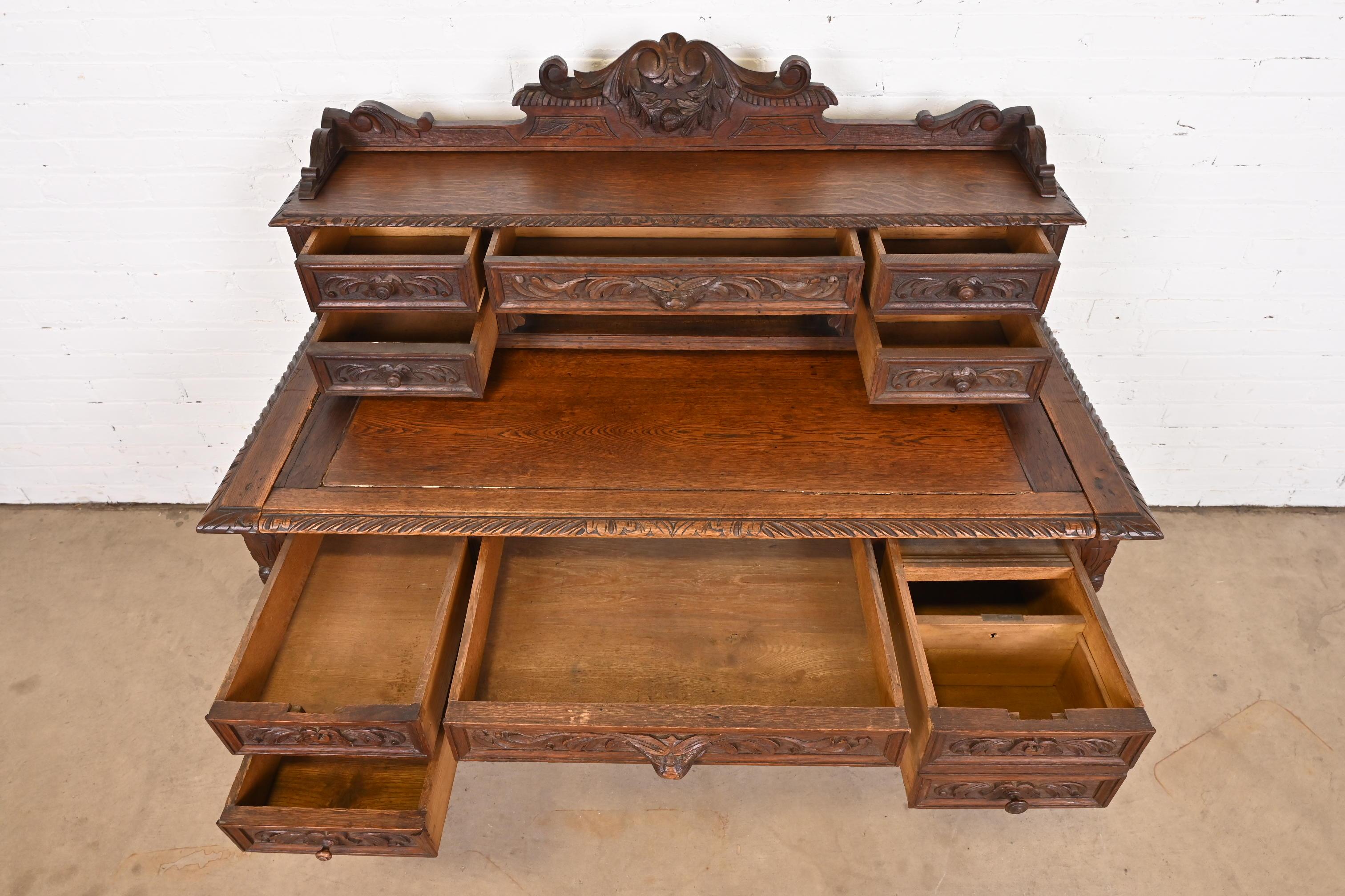19th Century French Black Forest Carved Oak Writing Desk With Barley Twist Legs For Sale 8