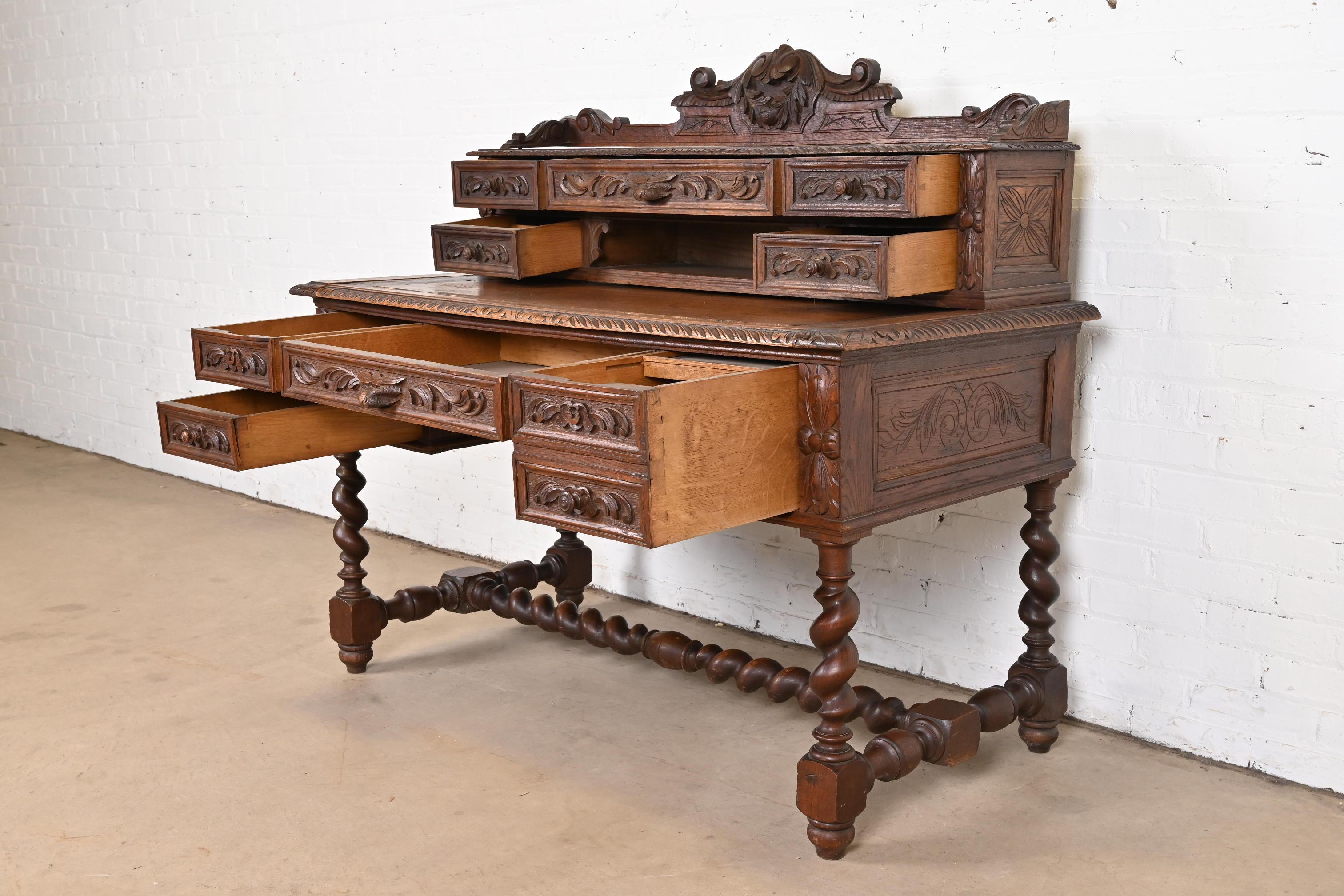 19th Century French Black Forest Carved Oak Writing Desk With Barley Twist Legs For Sale 9