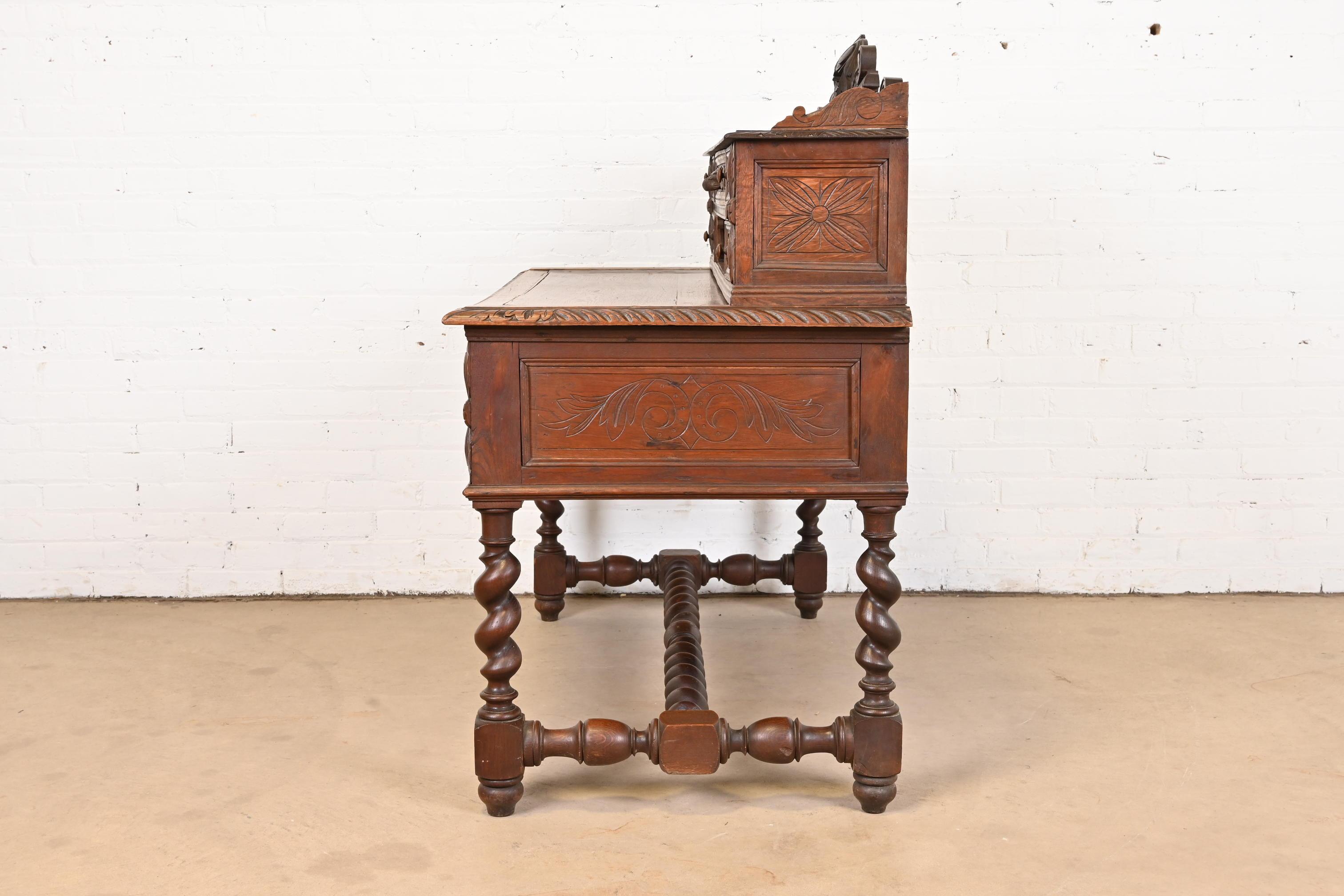19th Century French Black Forest Carved Oak Writing Desk With Barley Twist Legs For Sale 12