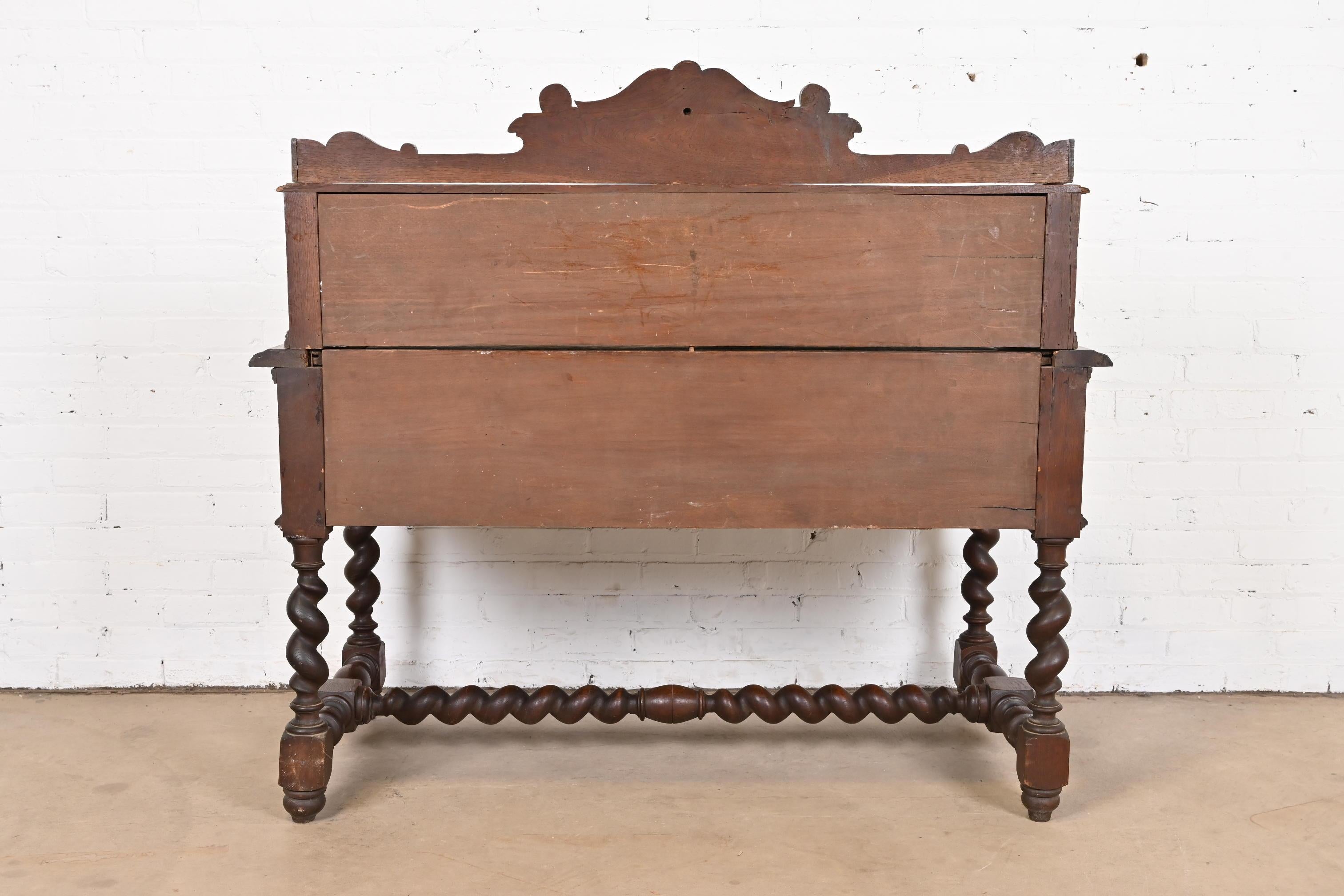 19th Century French Black Forest Carved Oak Writing Desk With Barley Twist Legs For Sale 13