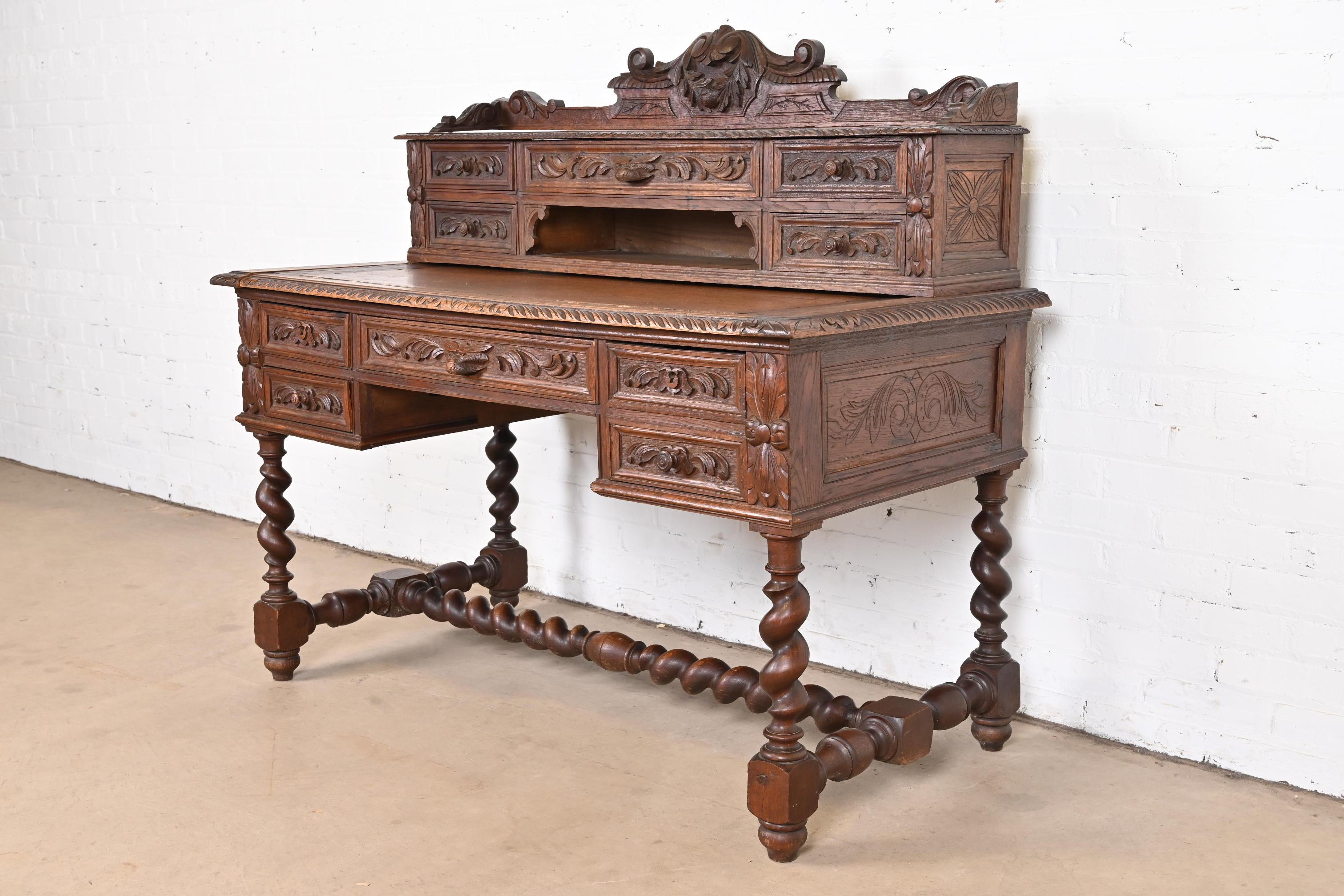 19th Century French Black Forest Carved Oak Writing Desk With Barley Twist Legs In Good Condition For Sale In South Bend, IN