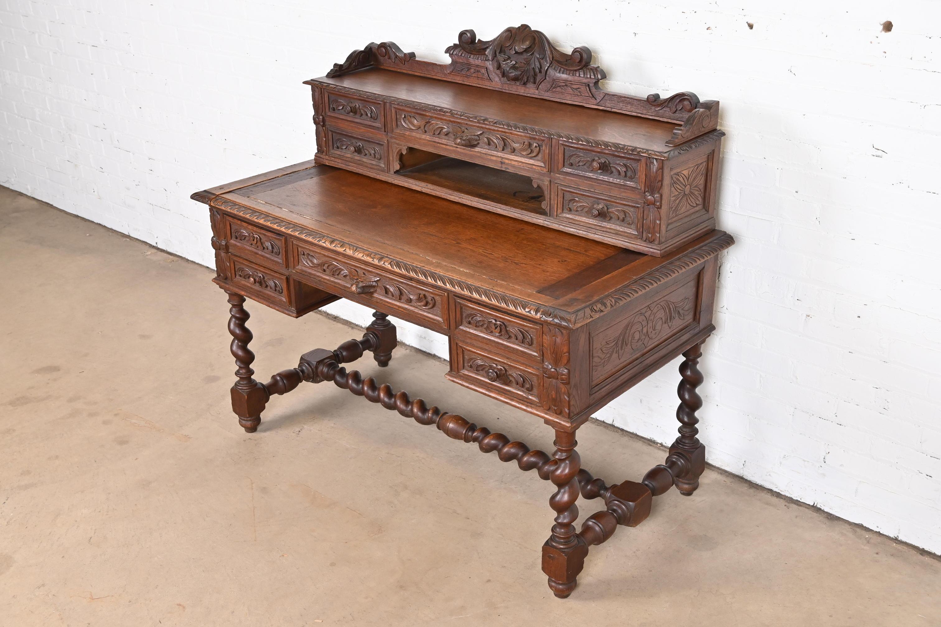 19th Century French Black Forest Carved Oak Writing Desk With Barley Twist Legs For Sale 1