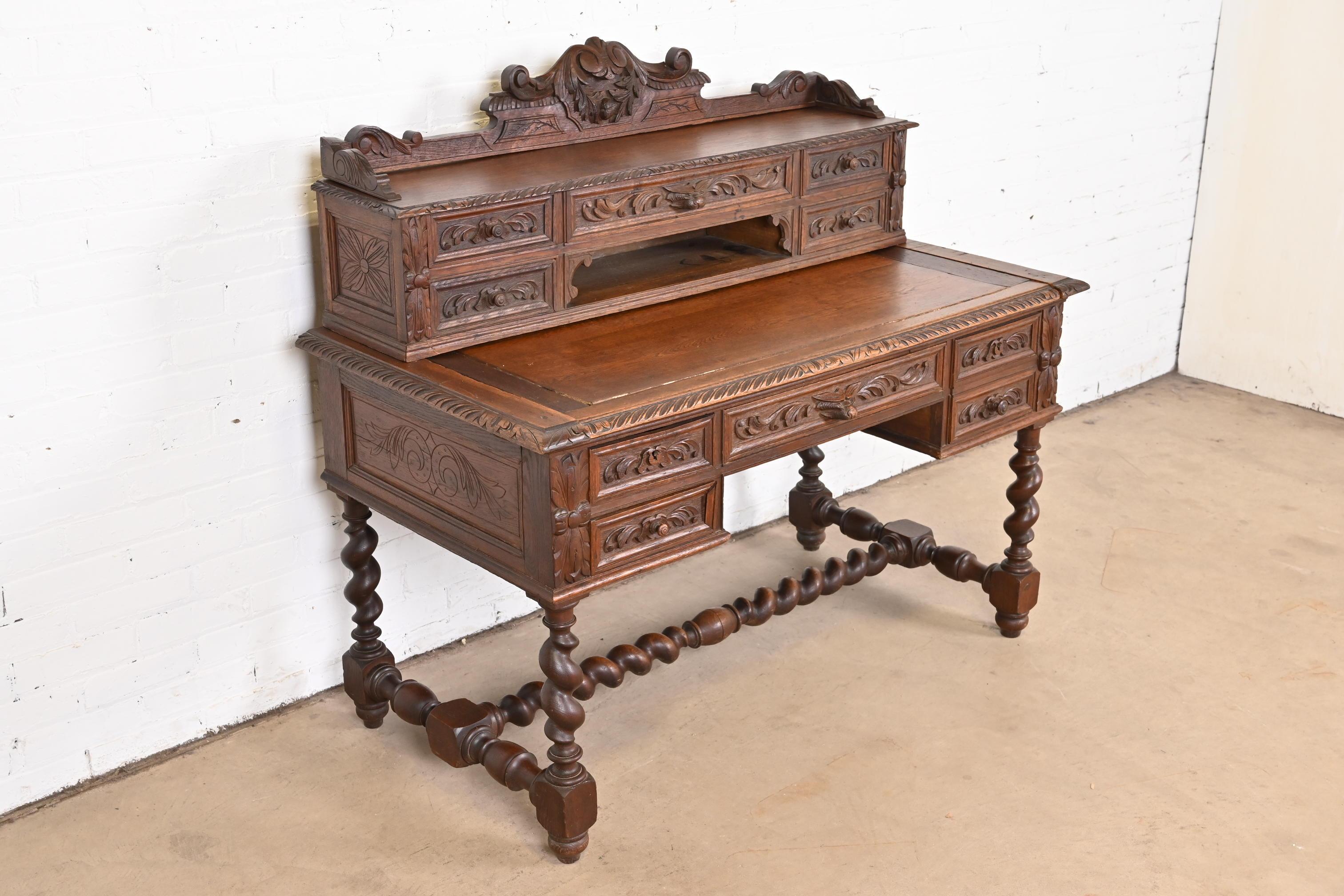 19th Century French Black Forest Carved Oak Writing Desk With Barley Twist Legs For Sale 2
