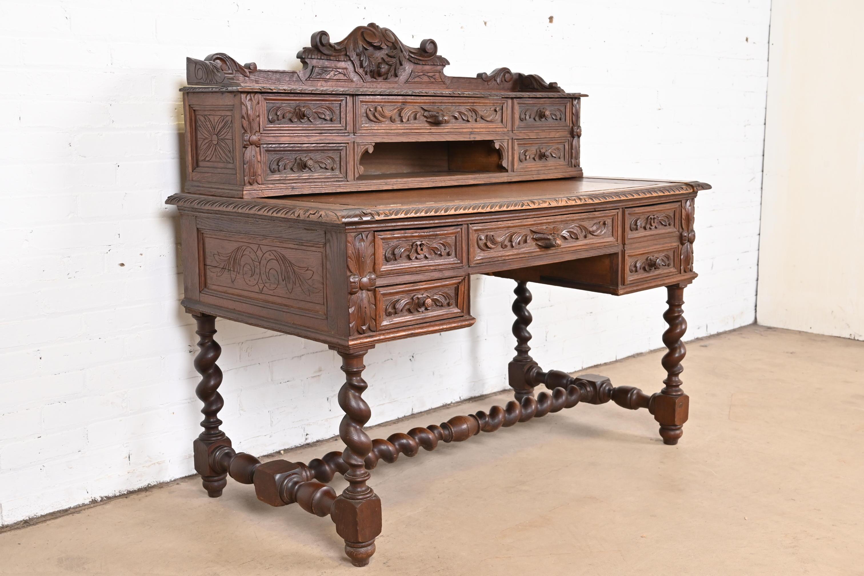 19th Century French Black Forest Carved Oak Writing Desk With Barley Twist Legs For Sale 3