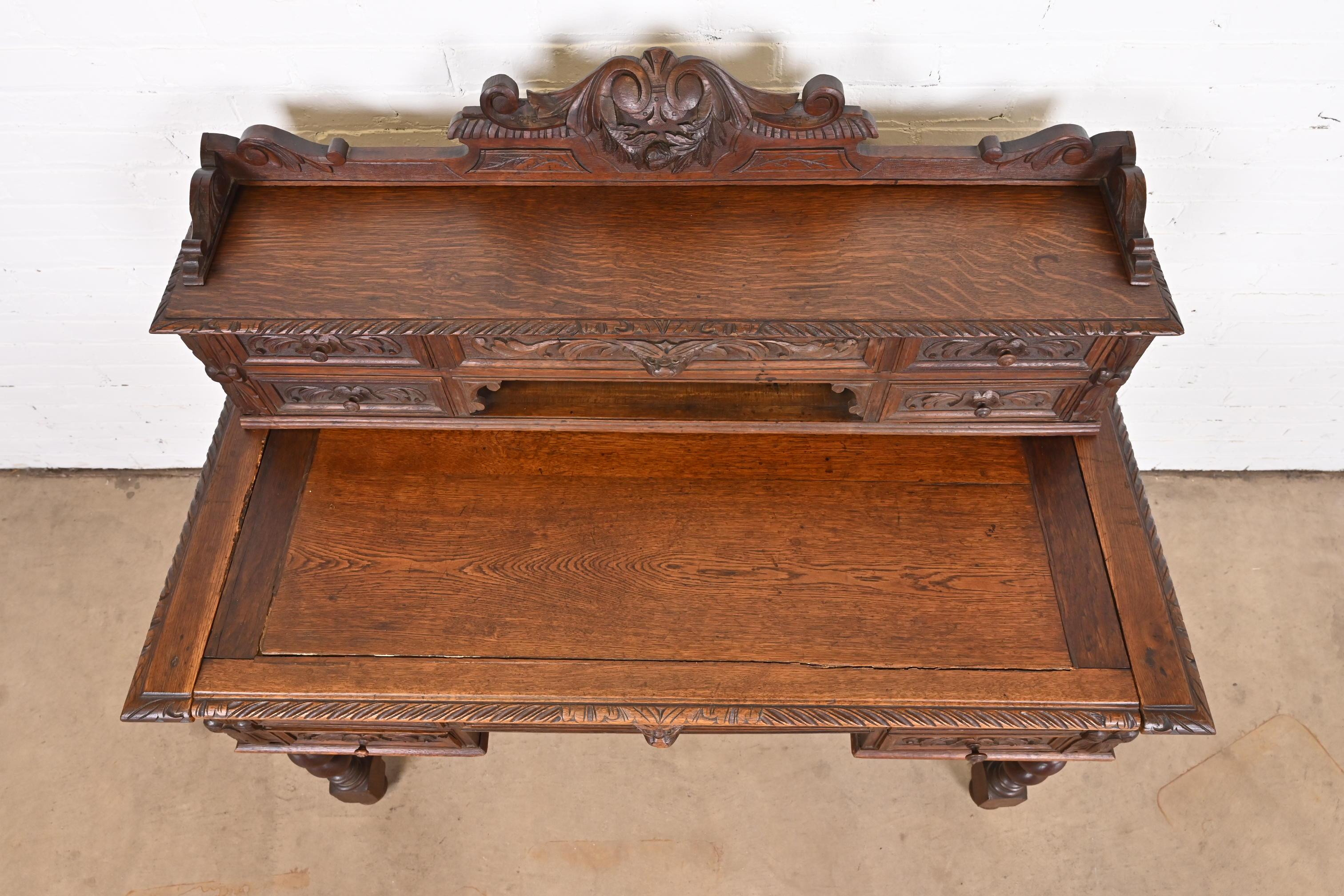 19th Century French Black Forest Carved Oak Writing Desk With Barley Twist Legs For Sale 4