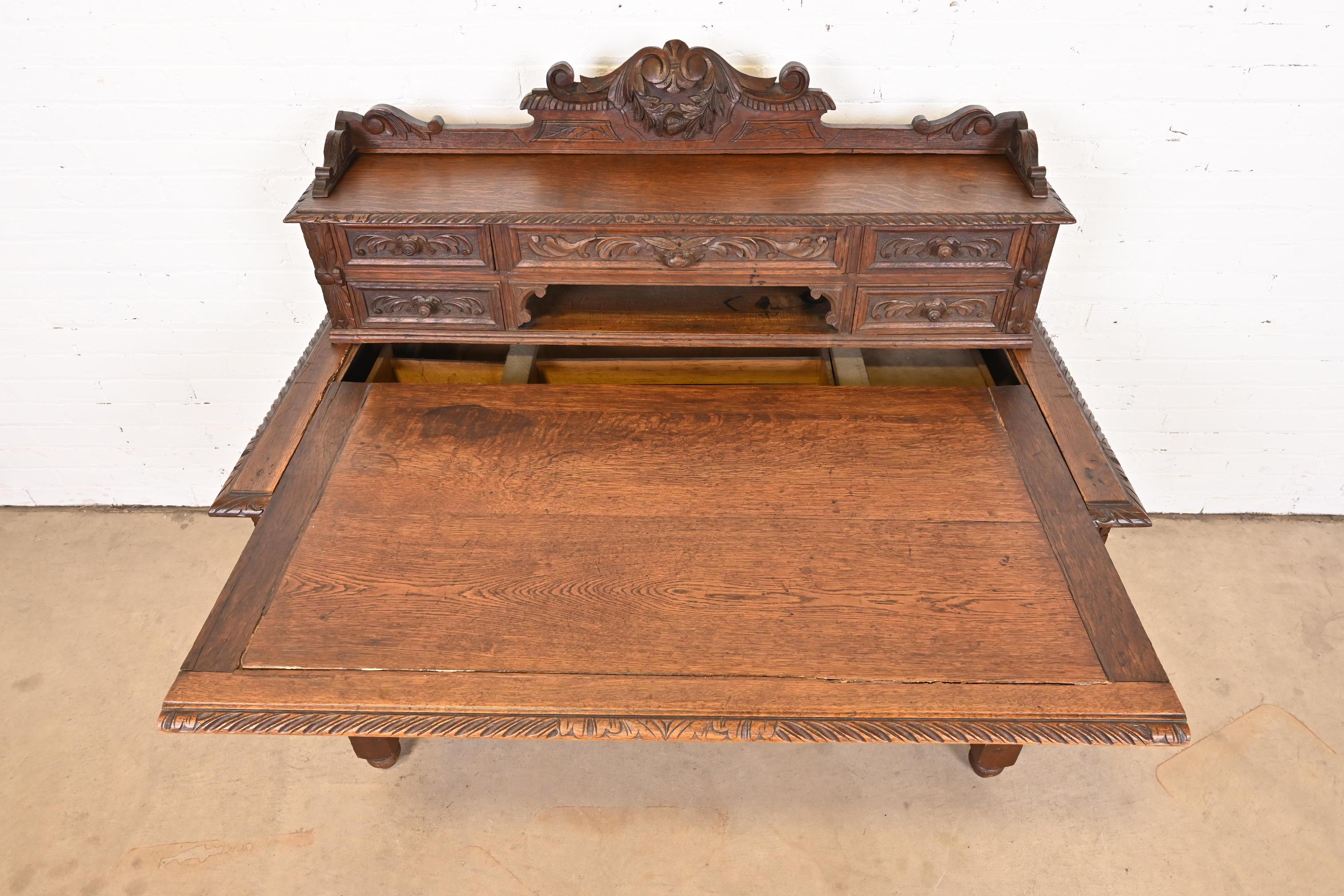 19th Century French Black Forest Carved Oak Writing Desk With Barley Twist Legs For Sale 5