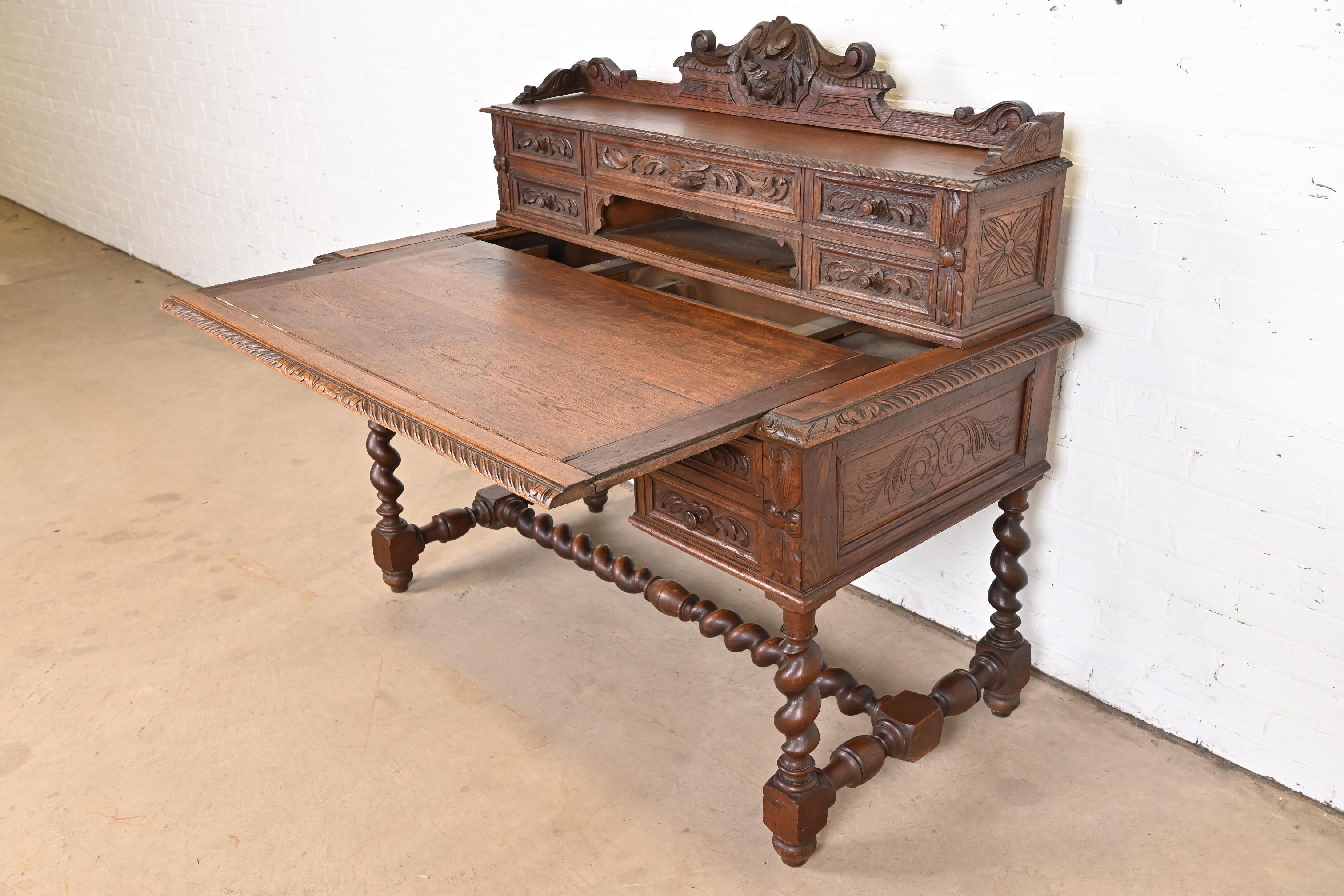 19th Century French Black Forest Carved Oak Writing Desk With Barley Twist Legs For Sale 6