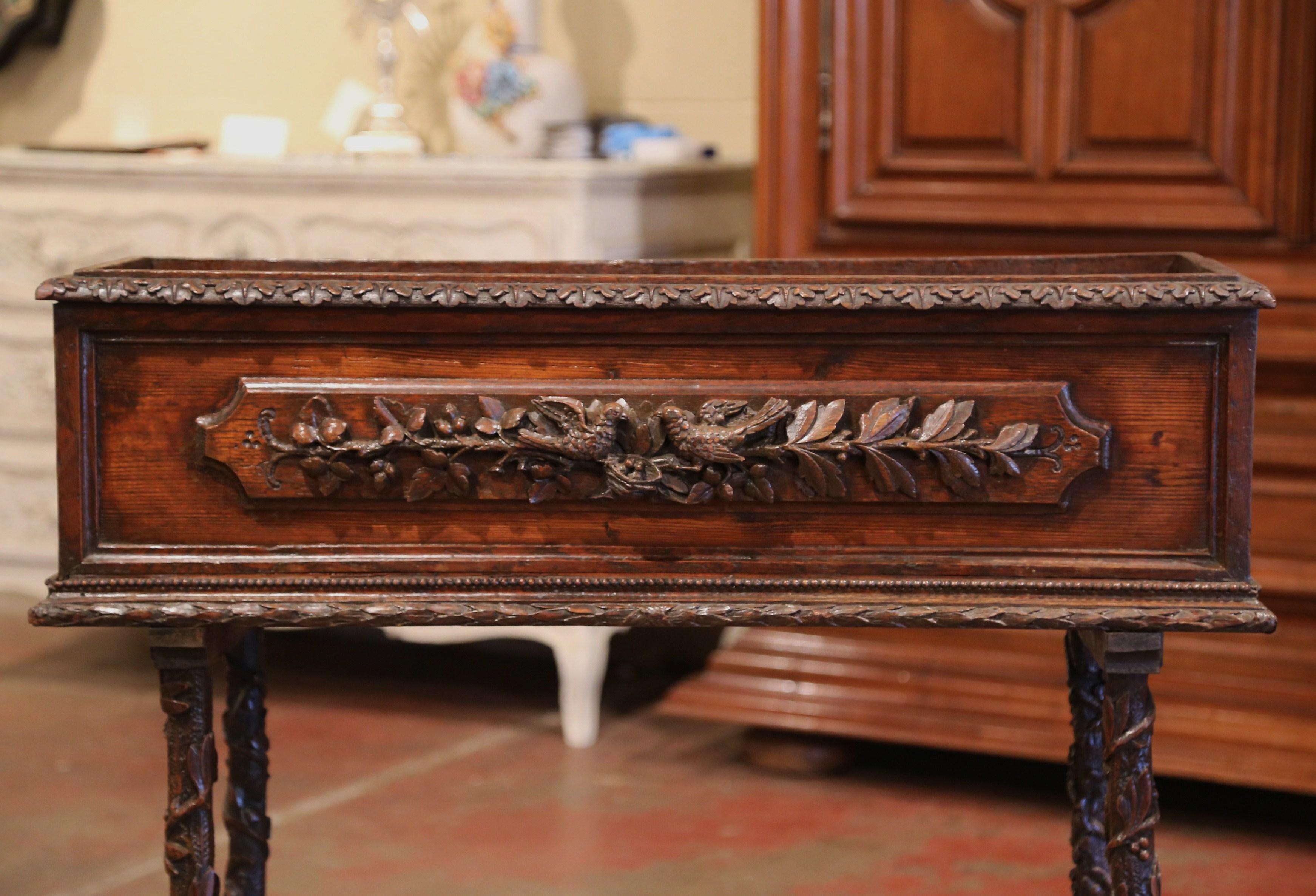 Hand-Carved 19th Century French Black Forest Carved Plant Stand with Bird and Vine Decor