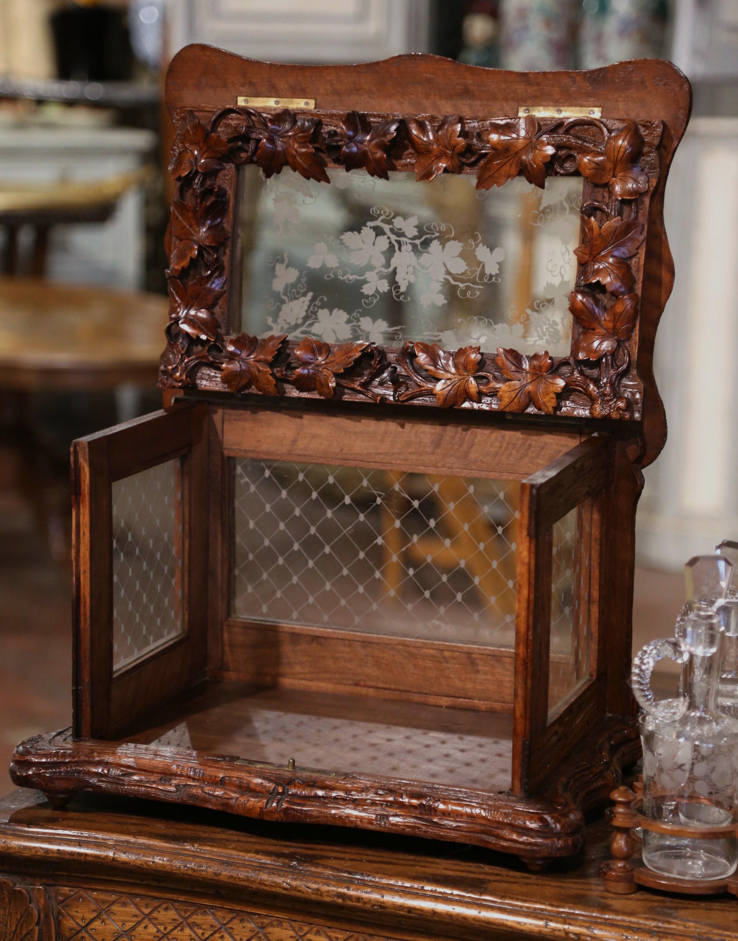 19th Century French Black Forest Carved Walnut and Glass Complete Liquor Box For Sale 6