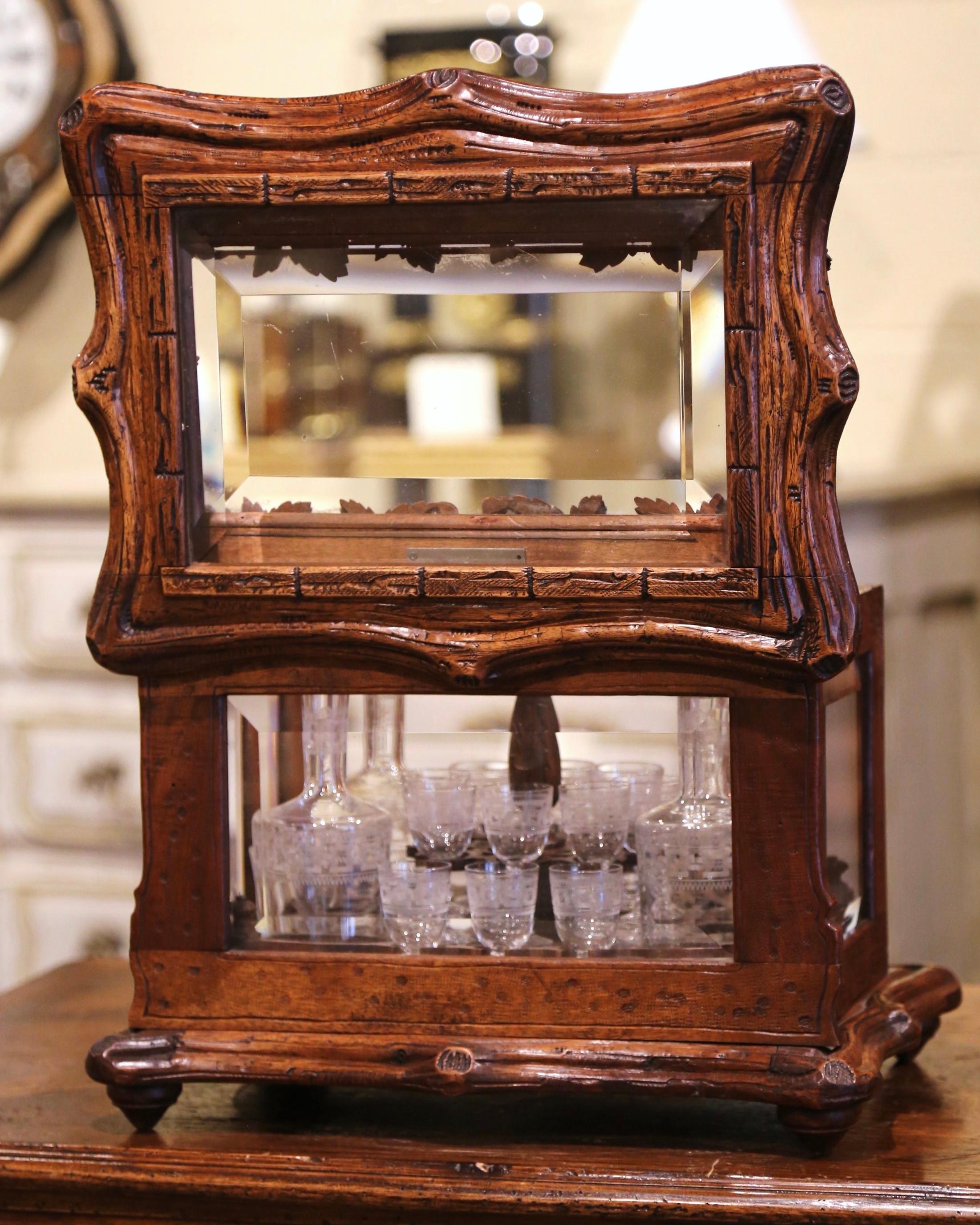 19th Century French Black Forest Carved Walnut and Glass Complete Liquor Box 7
