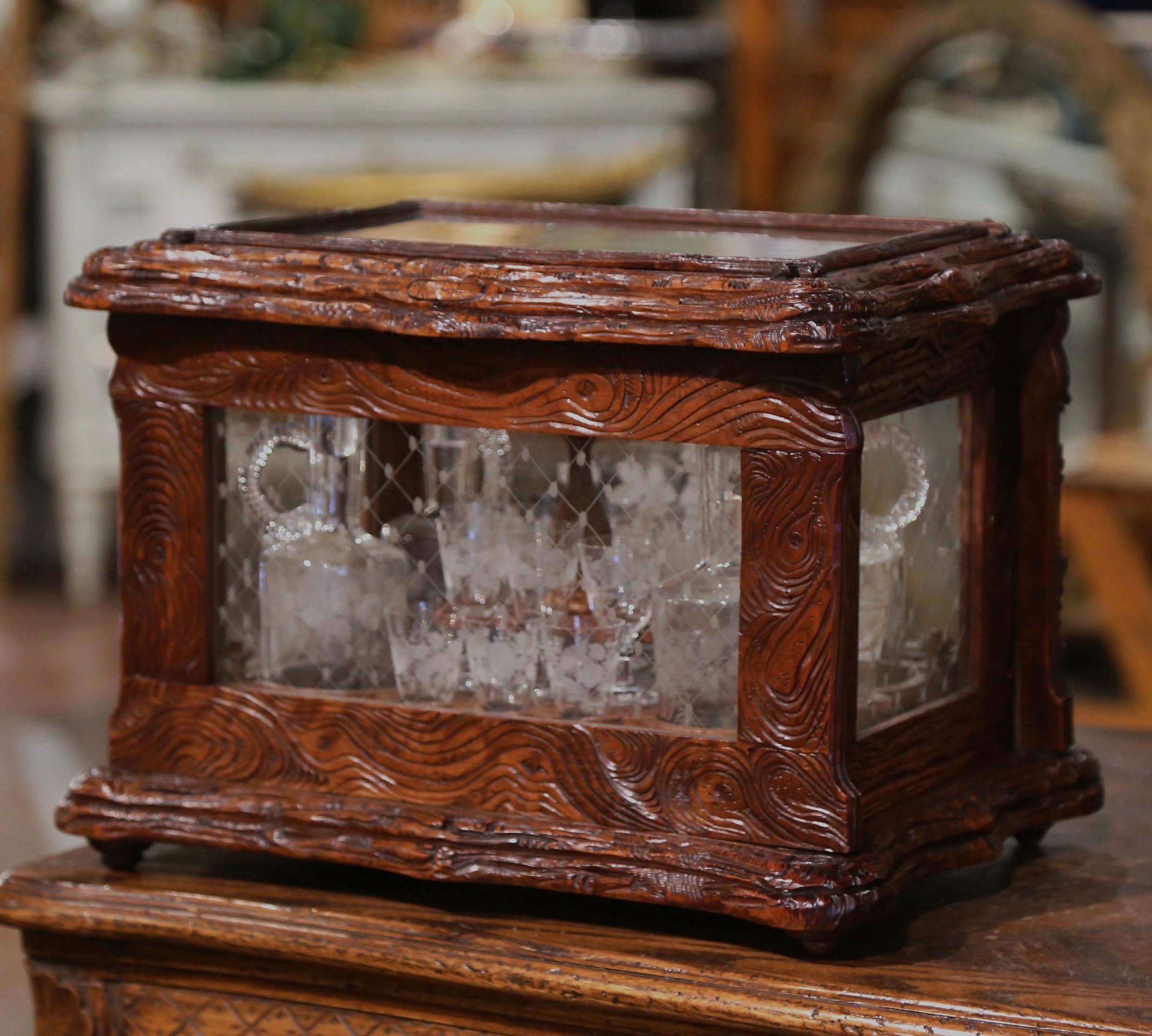 19th Century French Black Forest Carved Walnut and Glass Complete Liquor Box For Sale 11