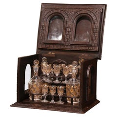 19th Century French Black Forest Carved Walnut and Glass Complete Liquor Box