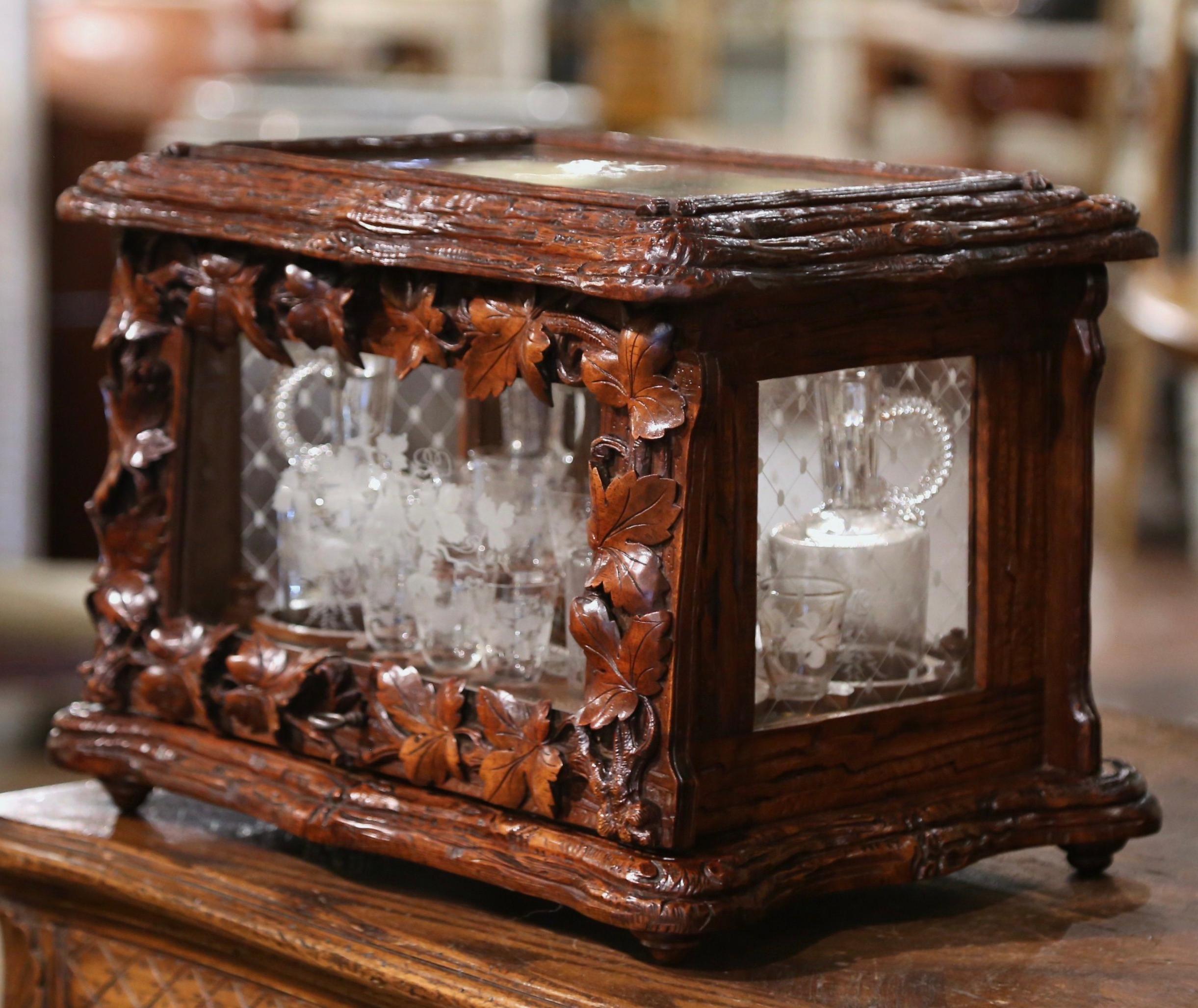Hand-Painted 19th Century French Black Forest Carved Walnut and Glass Complete Liquor Box For Sale