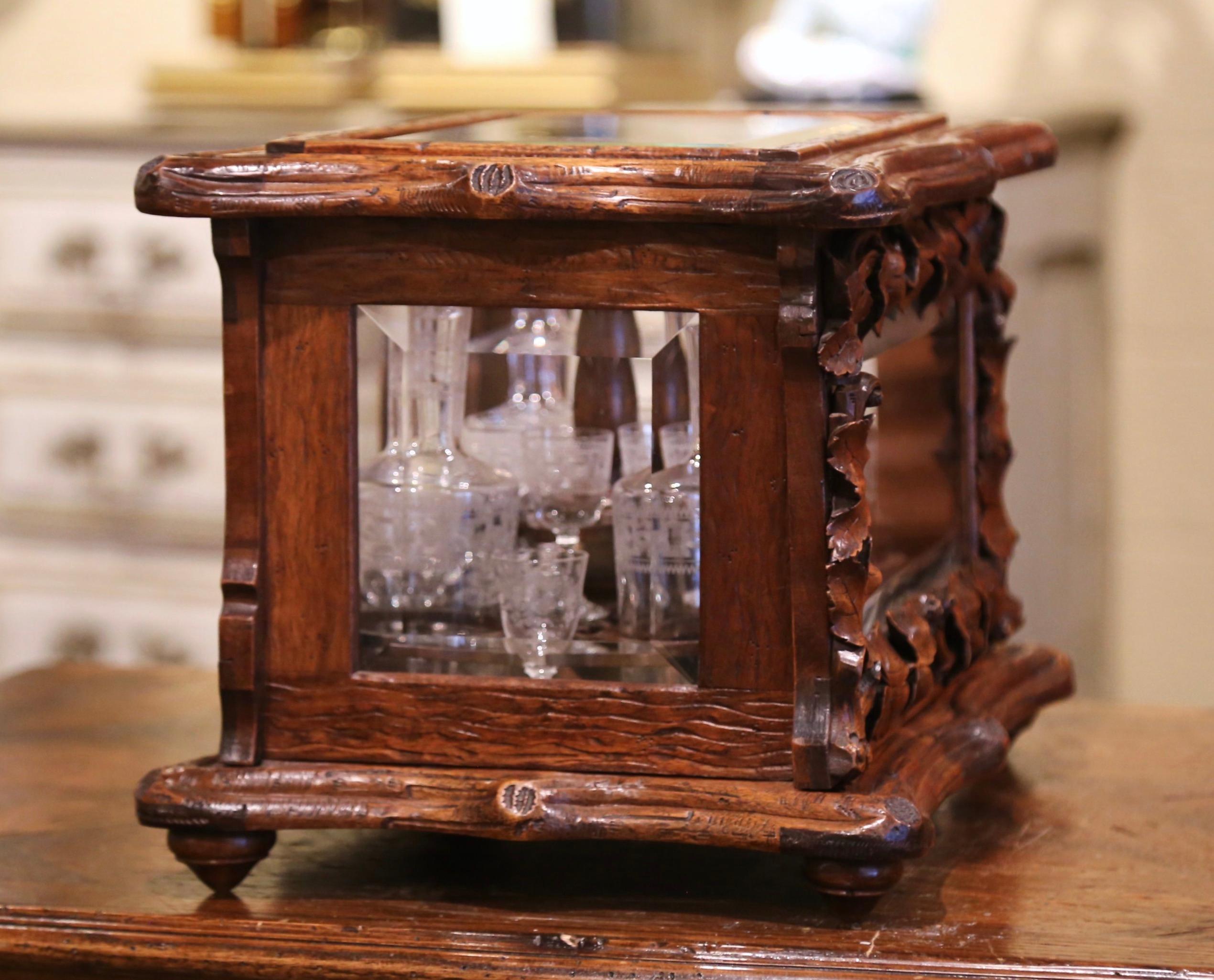 19th Century French Black Forest Carved Walnut and Glass Complete Liquor Box In Excellent Condition In Dallas, TX