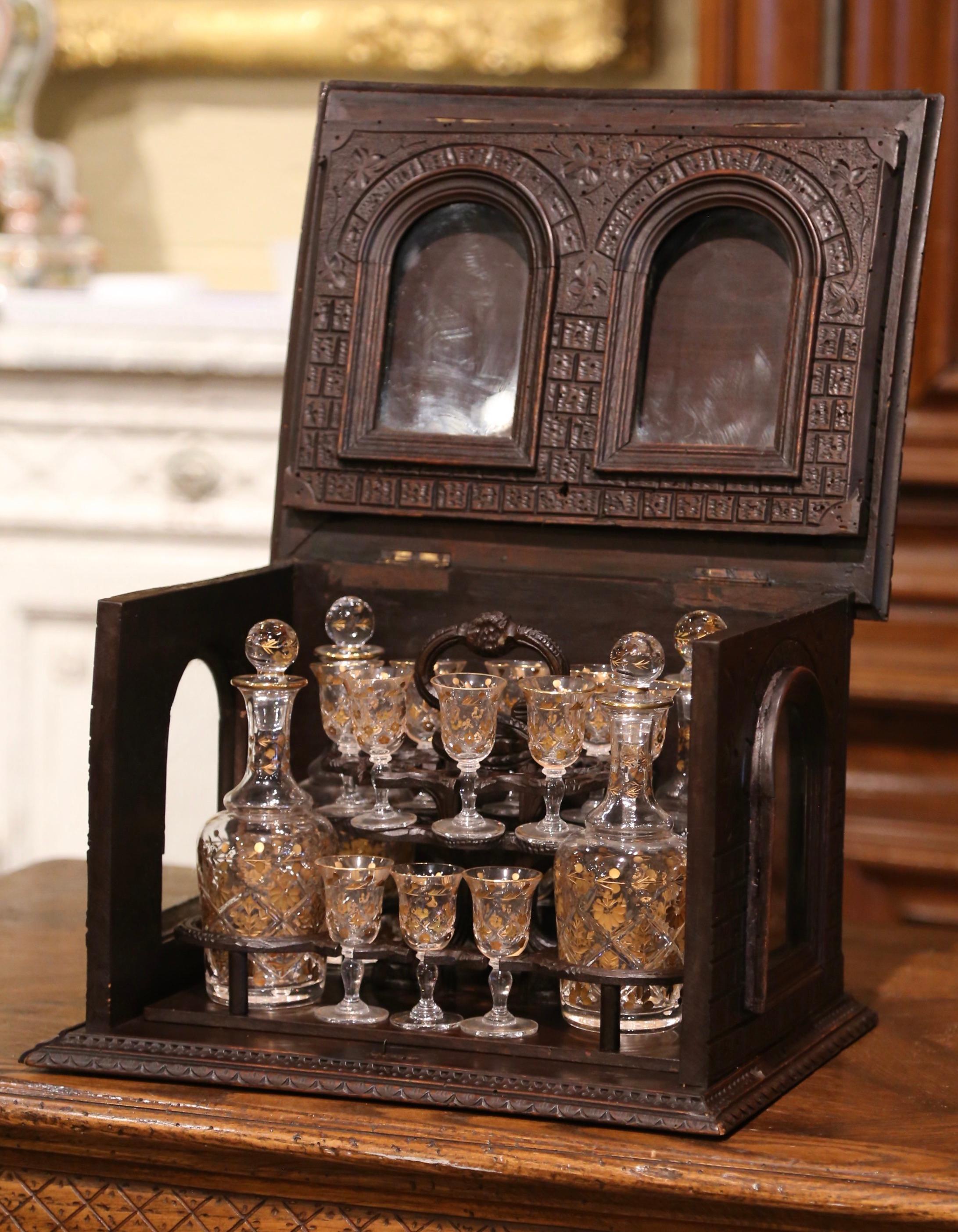 19th Century French Black Forest Carved Walnut and Glass Complete Liquor Box 1