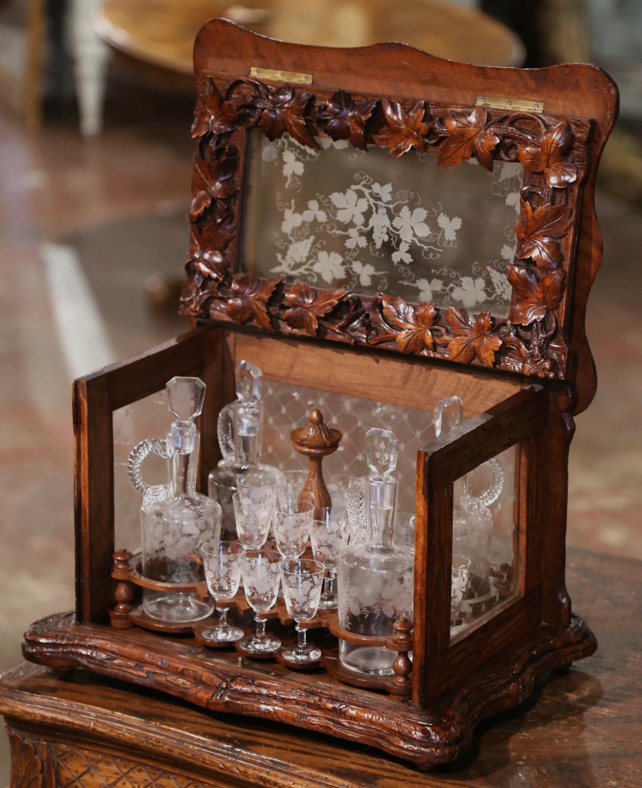 19th Century French Black Forest Carved Walnut and Glass Complete Liquor Box For Sale 1