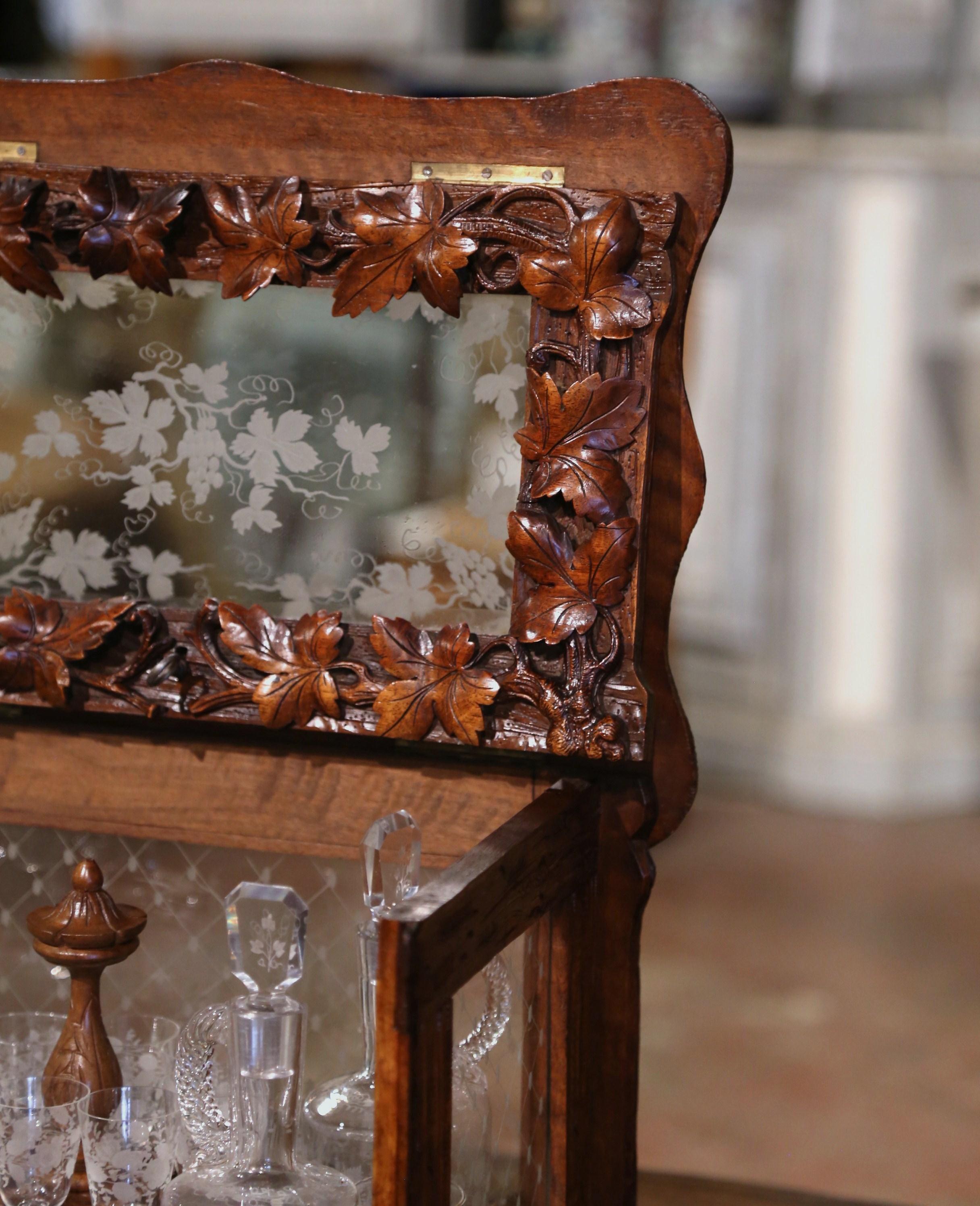 19th Century French Black Forest Carved Walnut and Glass Complete Liquor Box For Sale 4