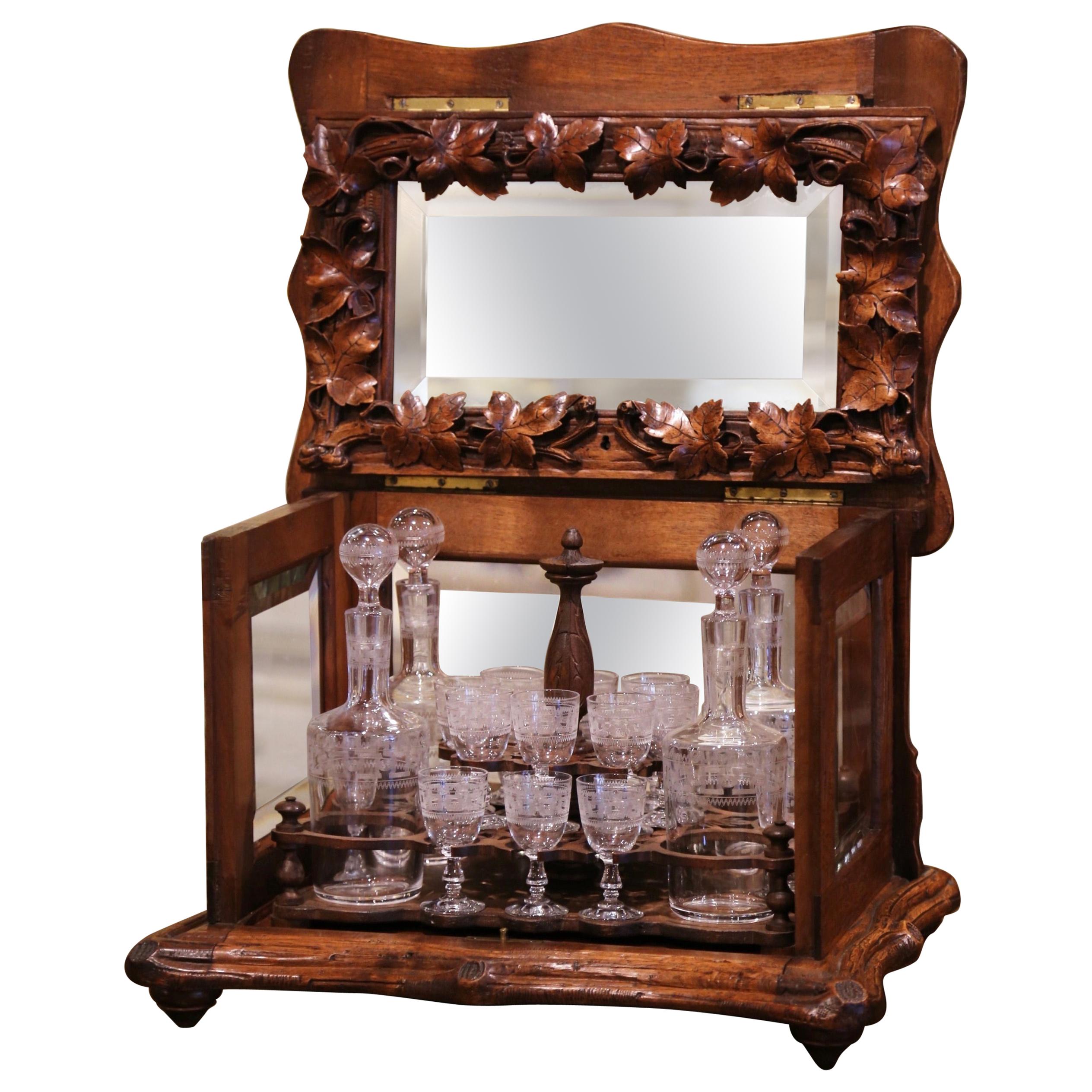 19th Century French Black Forest Carved Walnut and Glass Complete Liquor Box