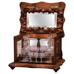 Antique 19th Century French Black Forest Carved Walnut and Glass Complete Liquor Box