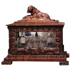 19th Century French Black Forest Carved Walnut and Glass Complete Liquor Box