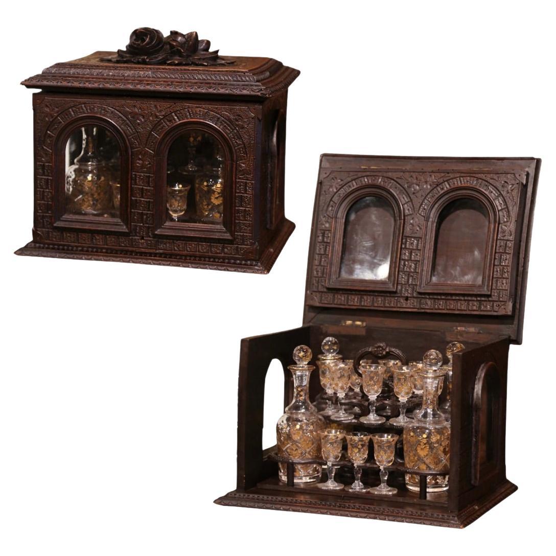 19th Century French Black Forest Carved Walnut and Glass Complete Liquor Box For Sale