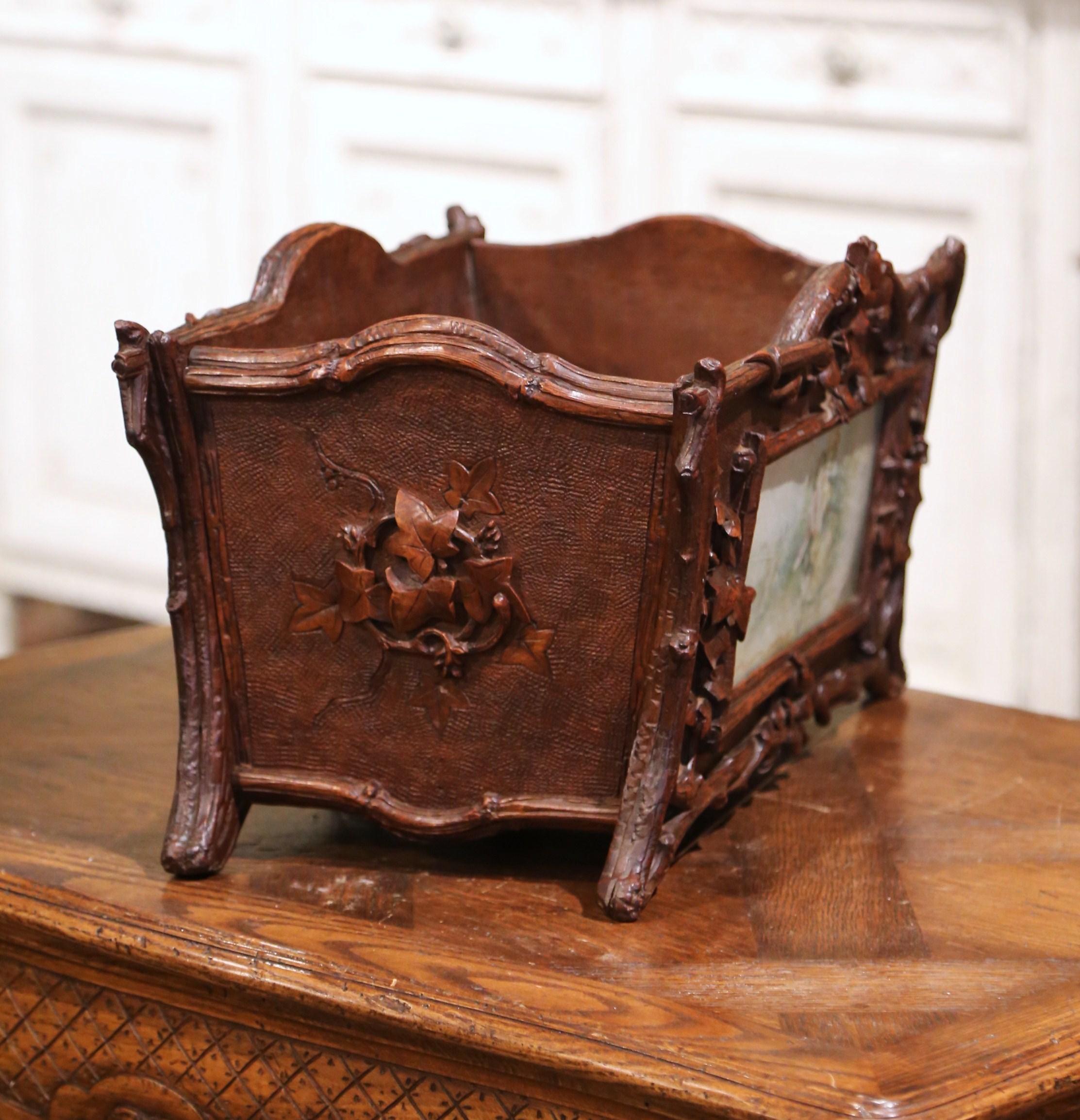 19th Century French Black Forest Carved Walnut and Porcelain Jardinière For Sale 7