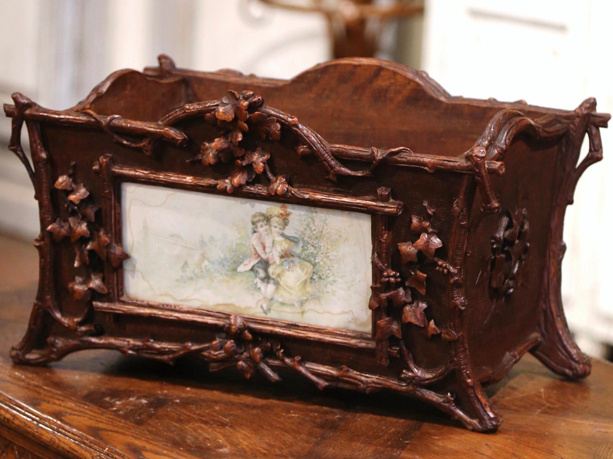 Patinated 19th Century French Black Forest Carved Walnut and Porcelain Jardinière For Sale