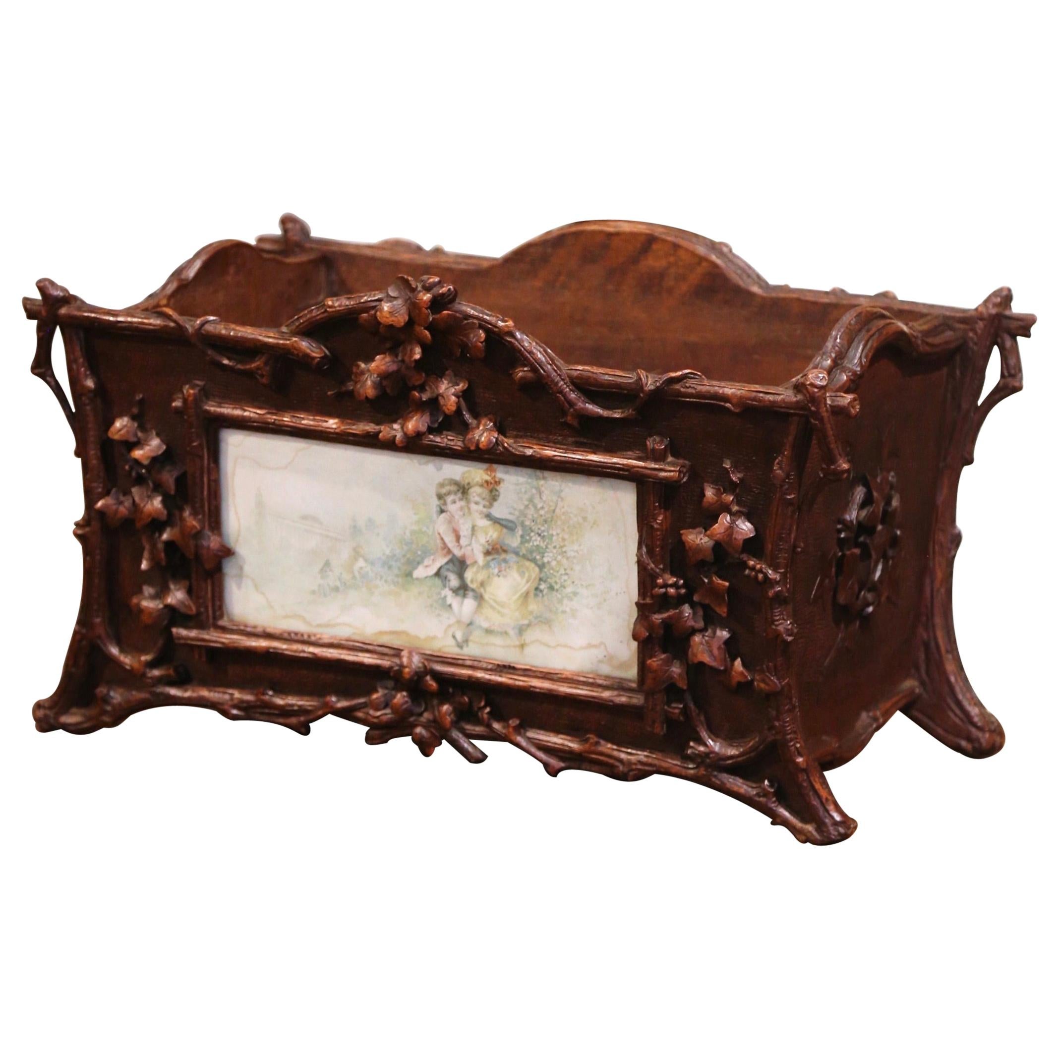19th Century French Black Forest Carved Walnut and Porcelain Jardinière For Sale