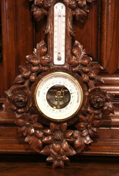19th Century French Black Forest Carved Walnut Barometer with Floral Motifs