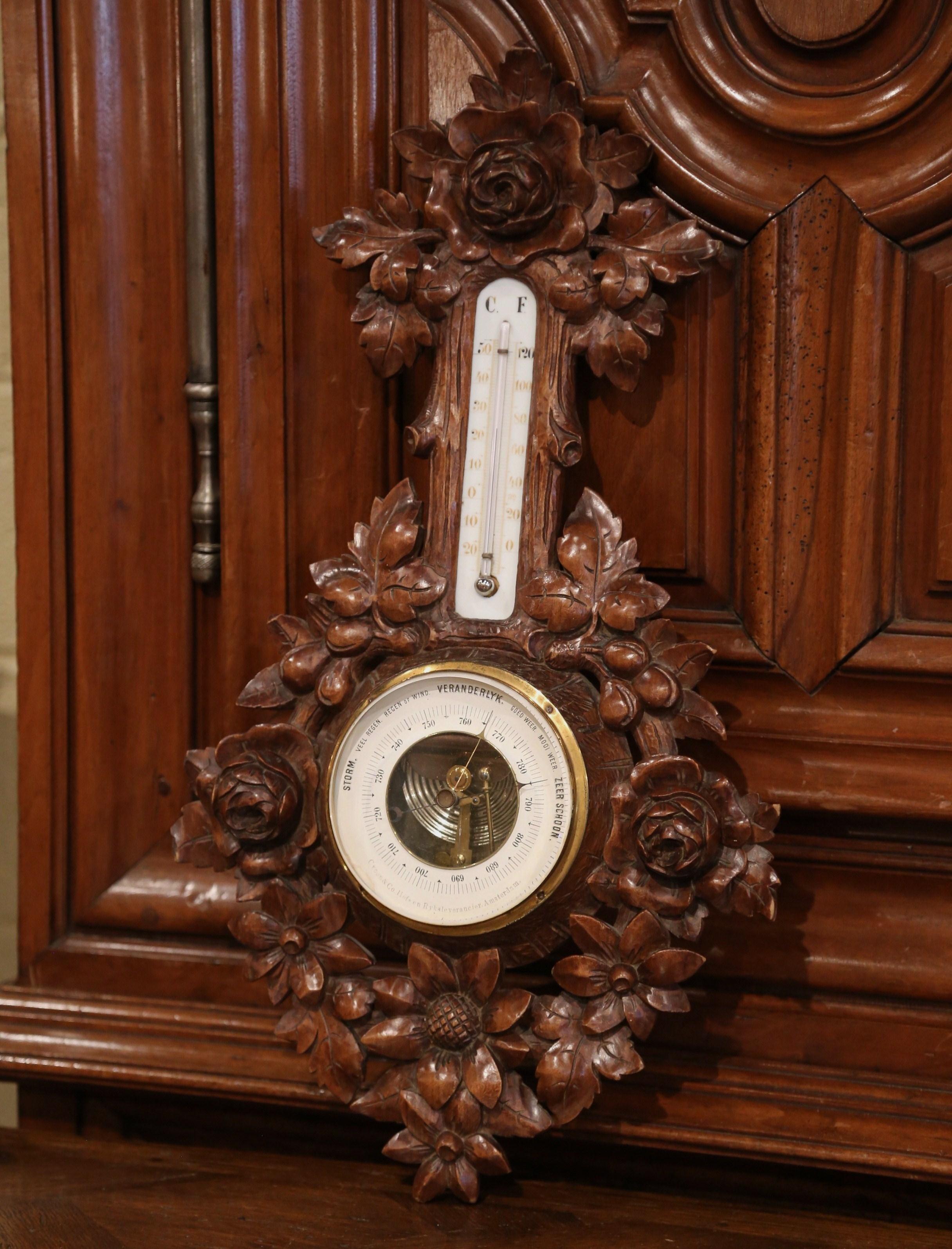Hand-Carved 19th Century French Black Forest Carved Walnut Barometer with Floral Motifs