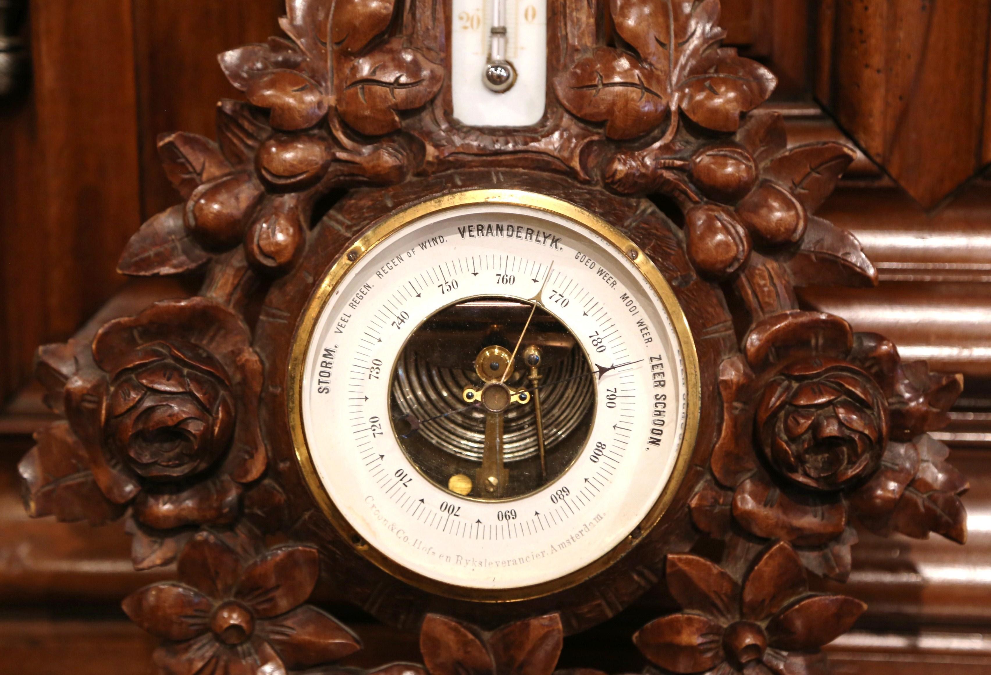 19th Century French Black Forest Carved Walnut Barometer with Floral Motifs In Excellent Condition In Dallas, TX
