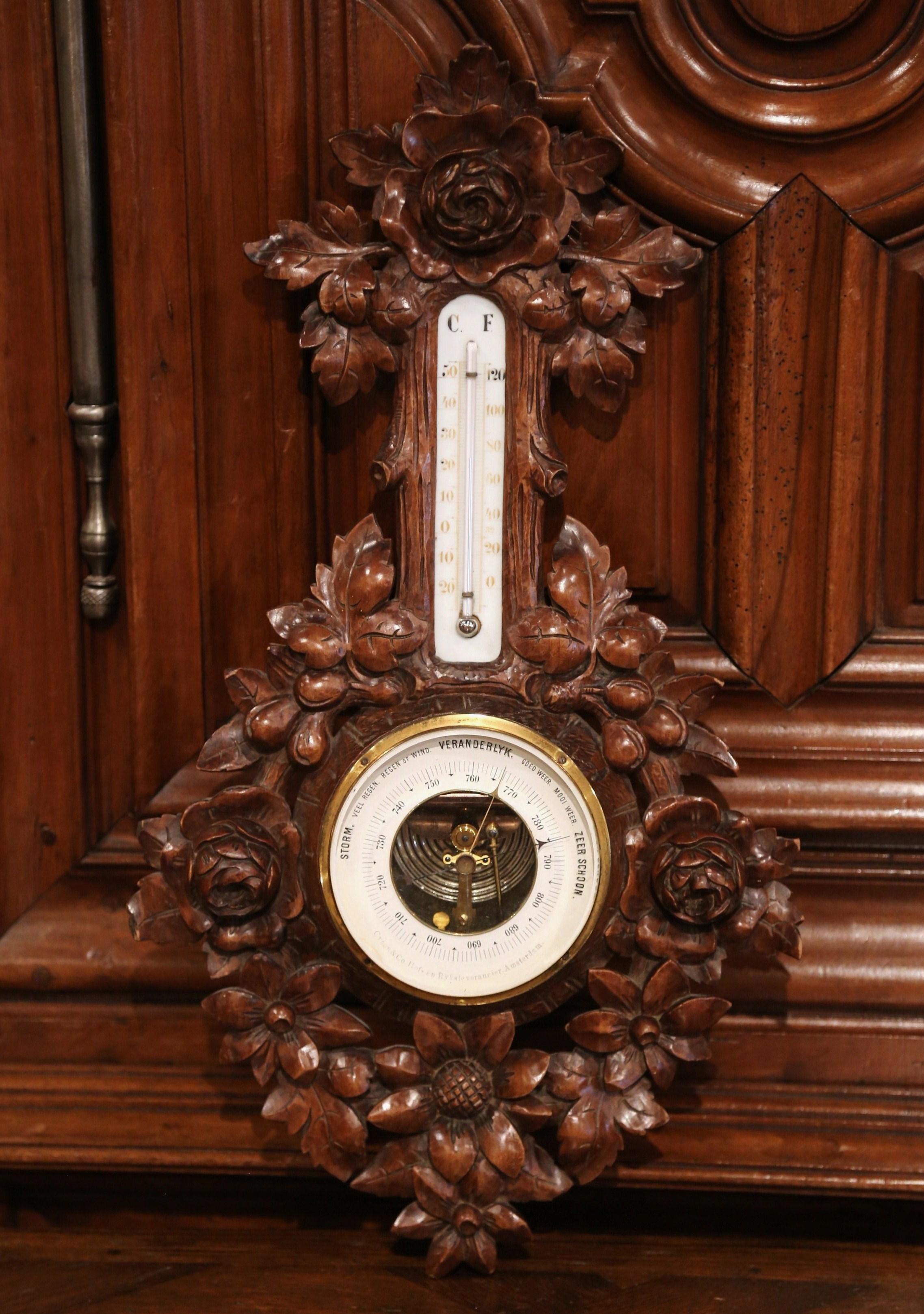 19th Century French Black Forest Carved Walnut Barometer with Floral Motifs 1