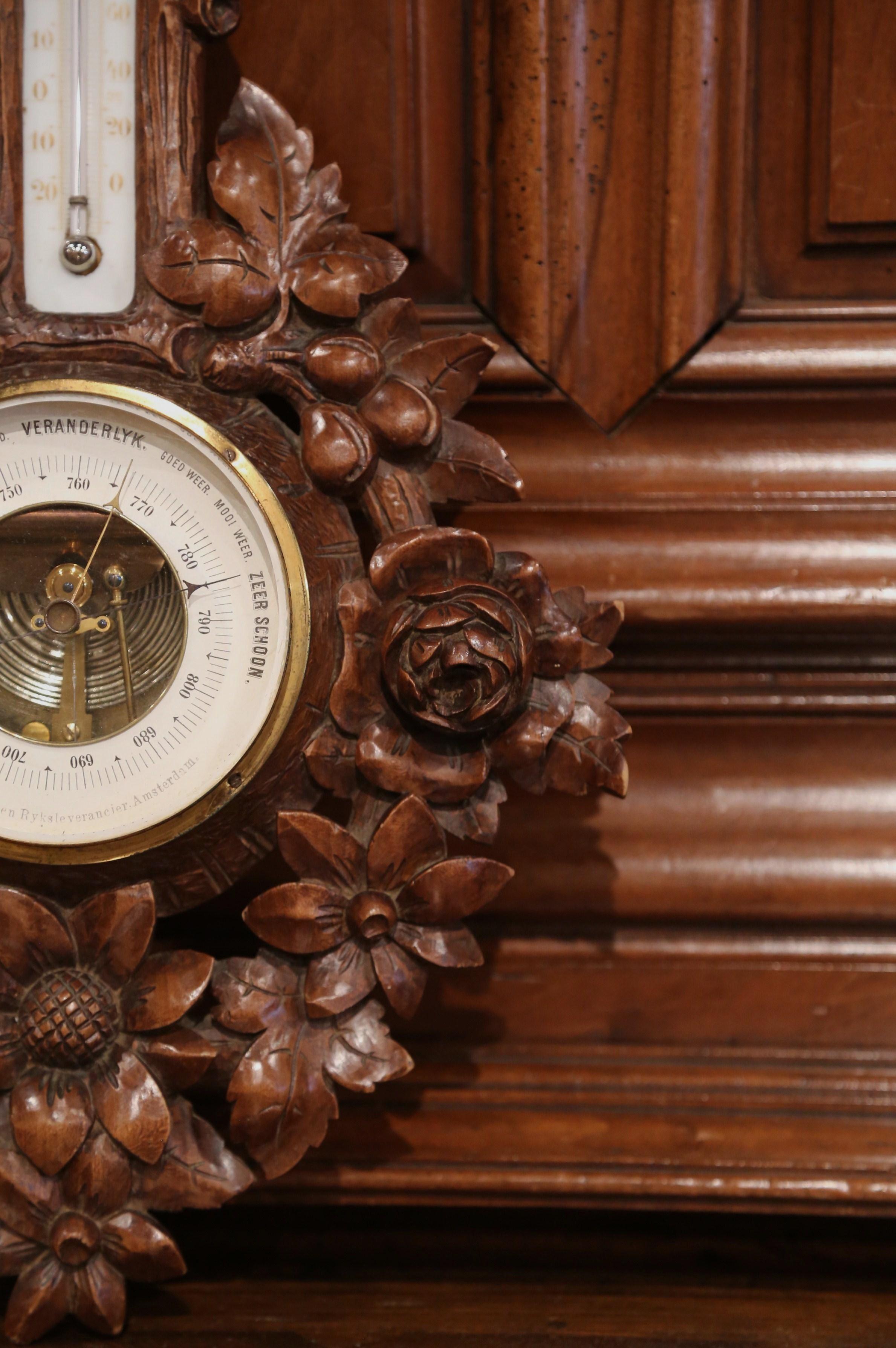 19th Century French Black Forest Carved Walnut Barometer with Floral Motifs 2