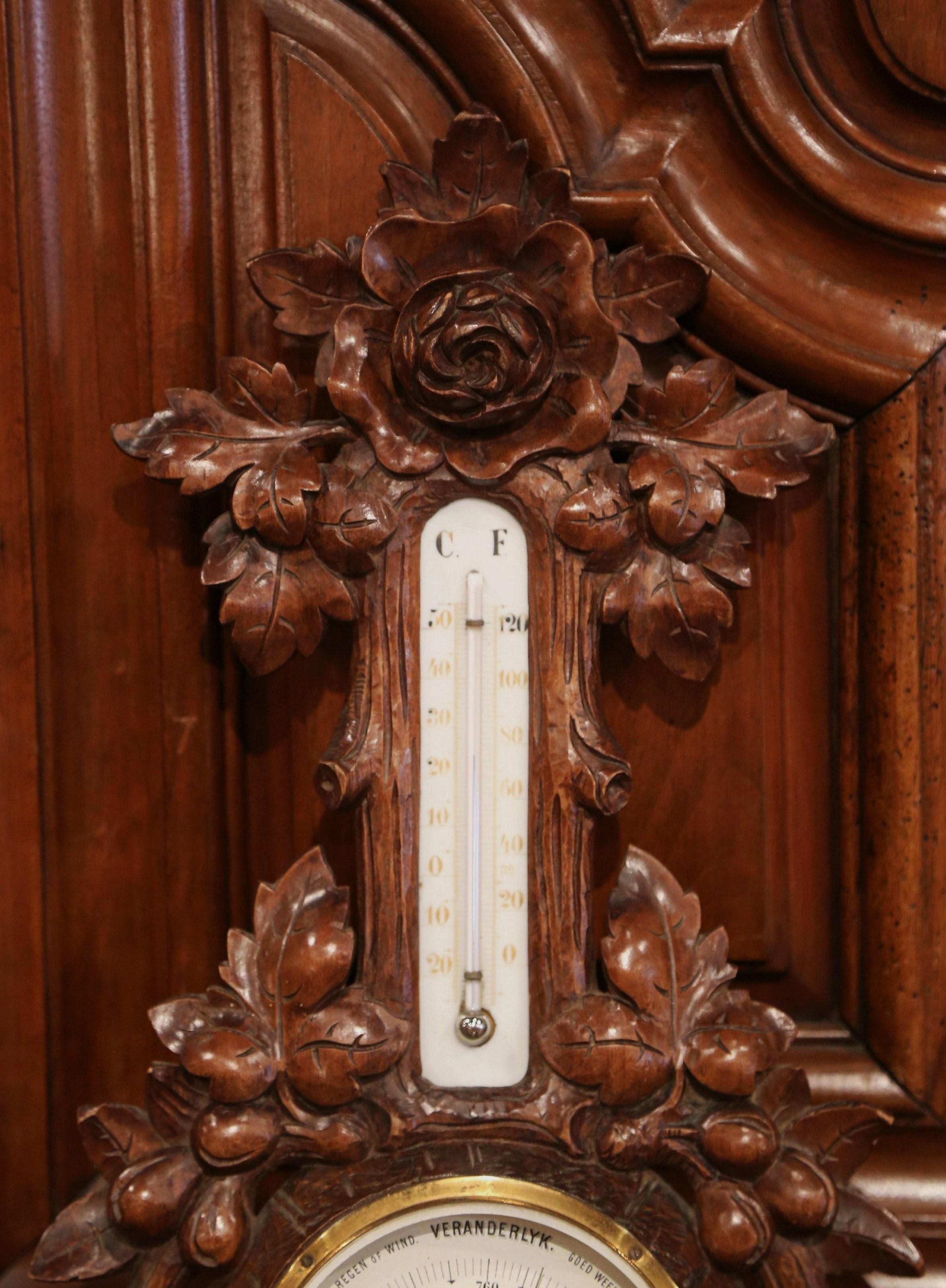 19th Century French Black Forest Carved Walnut Barometer with Floral Motifs 3