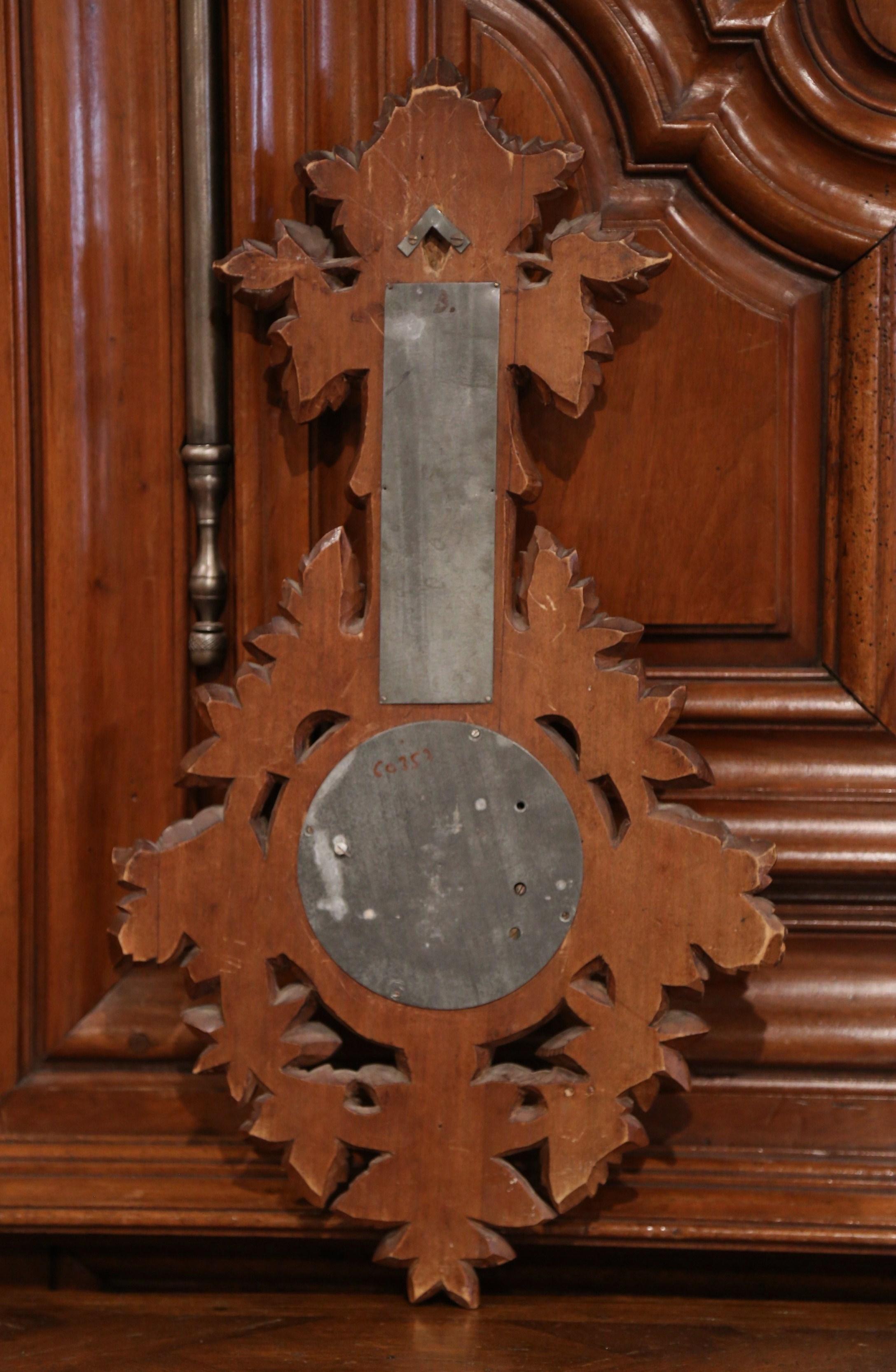 19th Century French Black Forest Carved Walnut Barometer with Floral Motifs 4