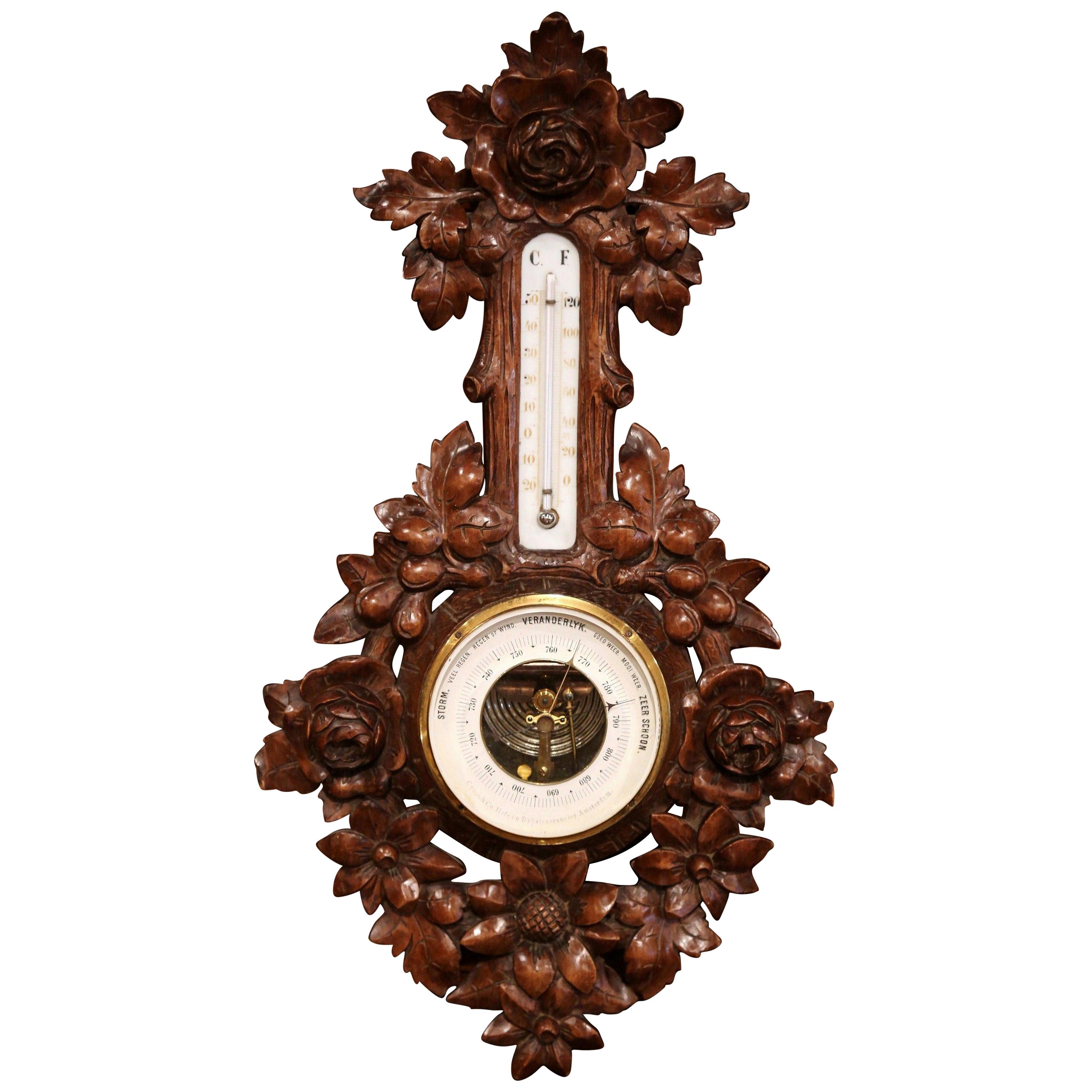 19th Century French Black Forest Carved Walnut Barometer with Floral Motifs