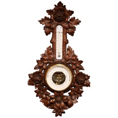 19th Century French Black Forest Carved Walnut Barometer with Floral Motifs