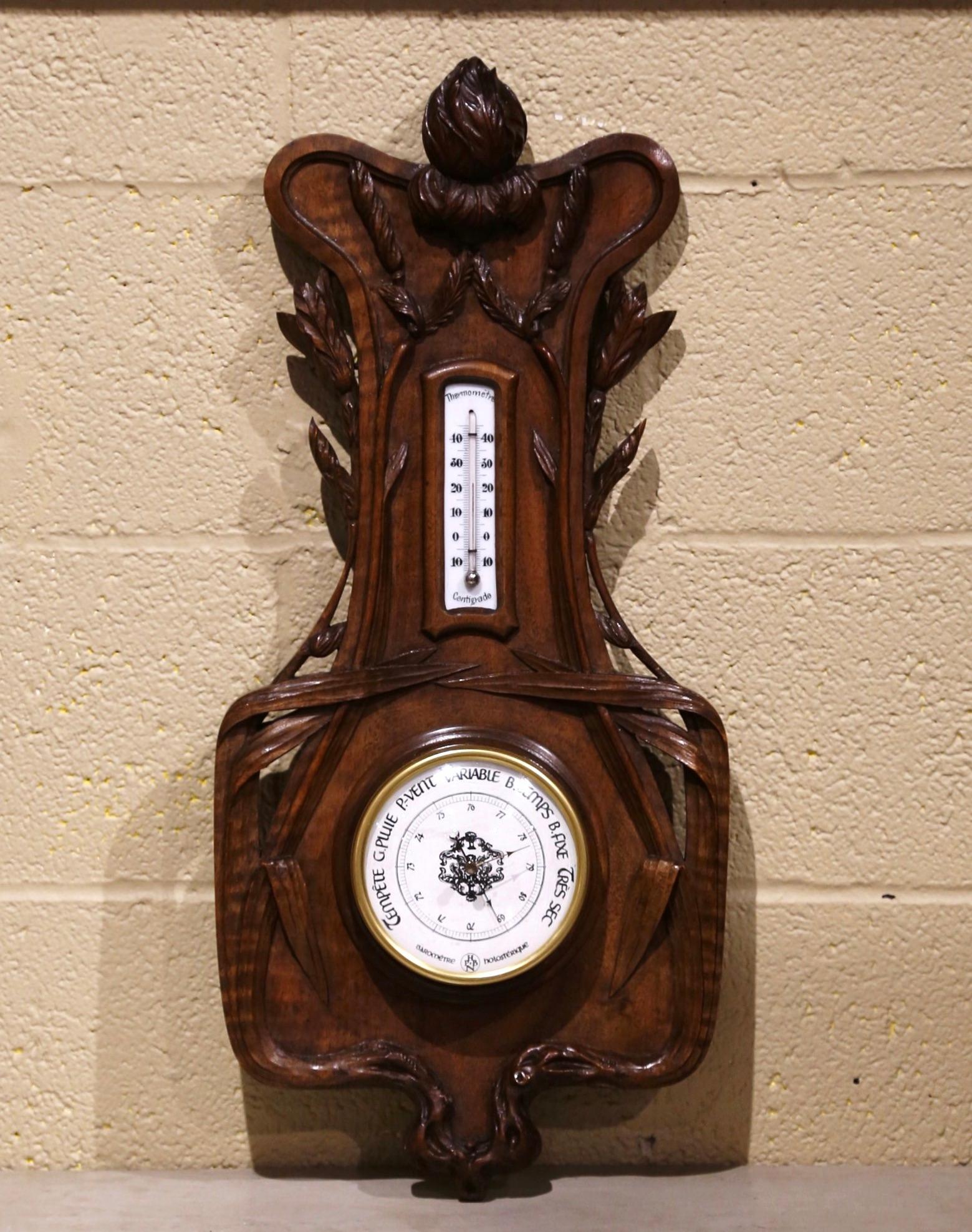 Patinated 19th Century French Black Forest Carved Walnut Barometer with Foliage Decor